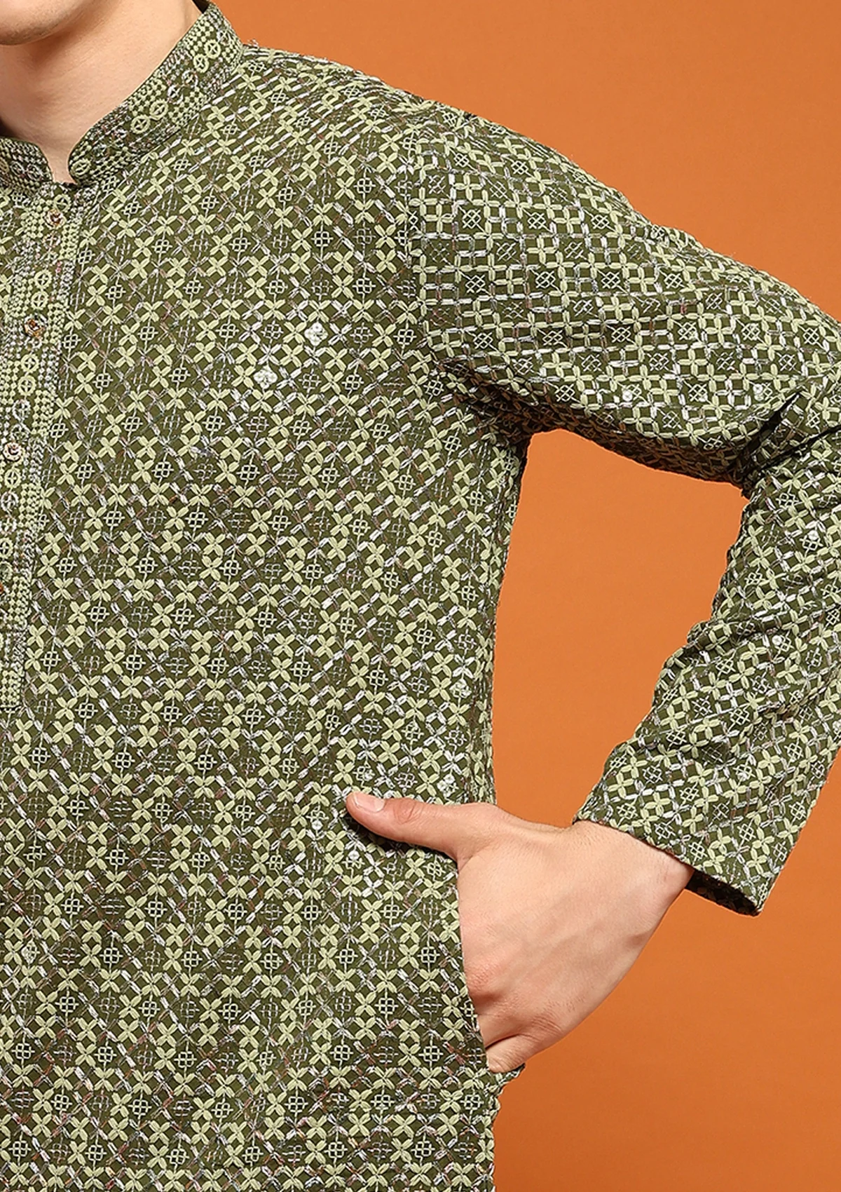 HOC Rayon Embroidered With Sequins Solid Men's Long Kurta- Green - Image 6