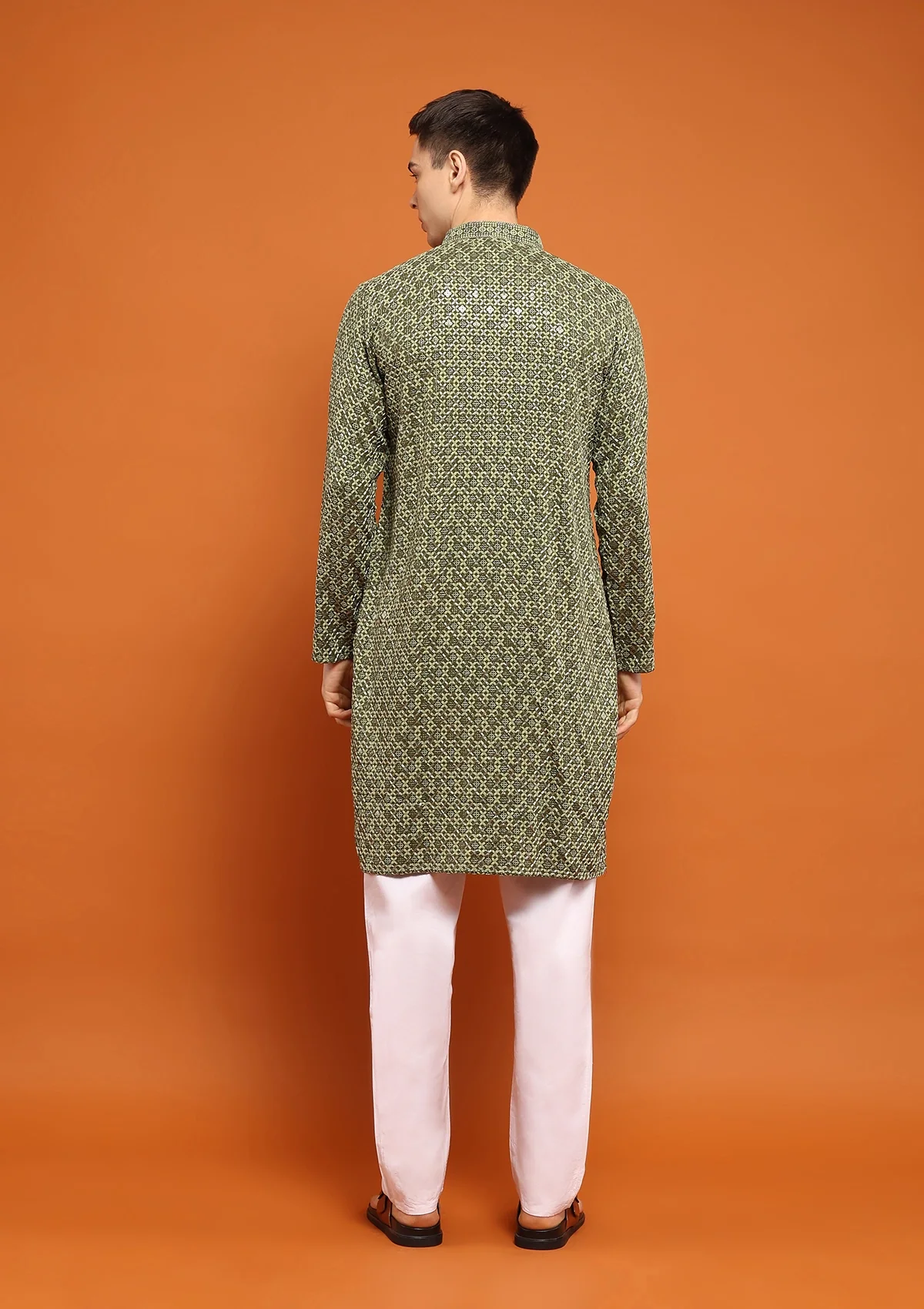 HOC Rayon Embroidered With Sequins Solid Men's Long Kurta- Green - Image 7
