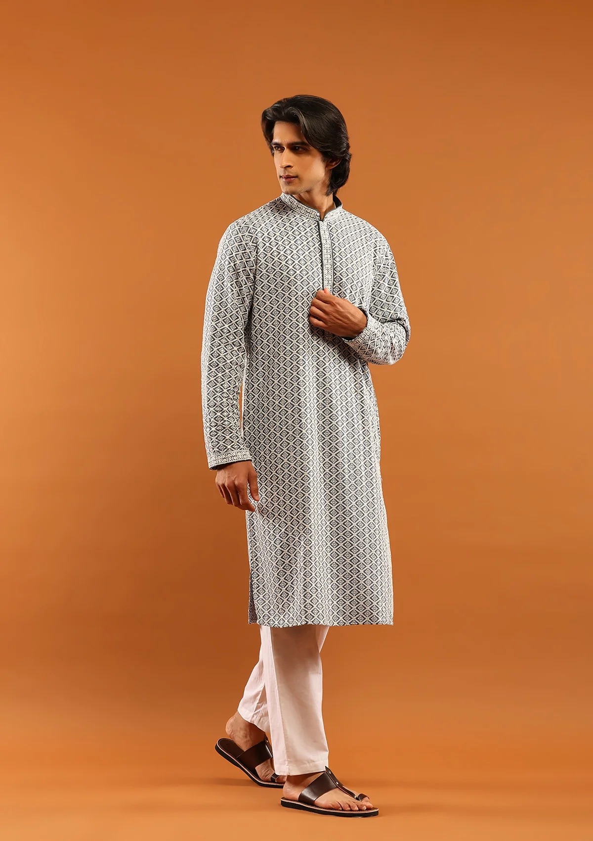 HOC Rayon Embroidered With Sequins Solid Men's Long Kurta- Grey