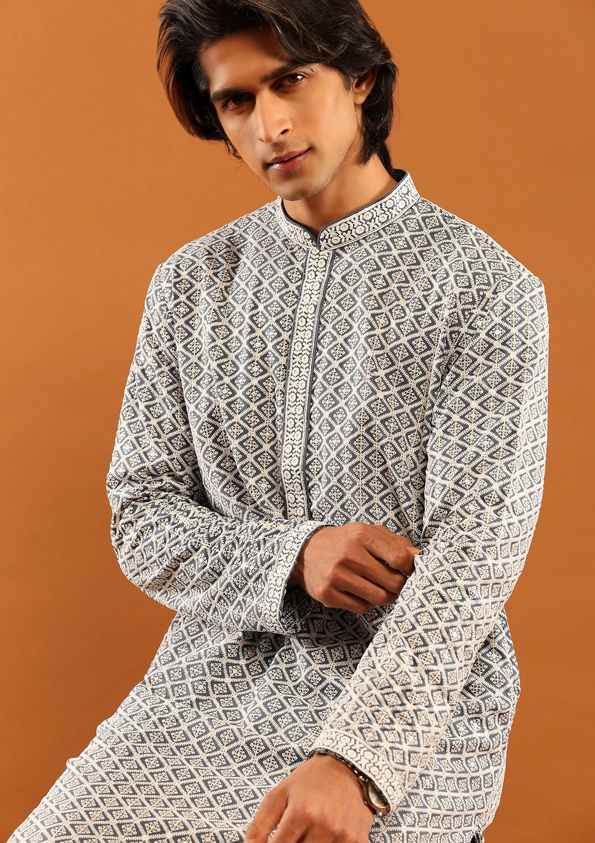 HOC Rayon Embroidered With Sequins Solid Men's Long Kurta- Grey - Image 3