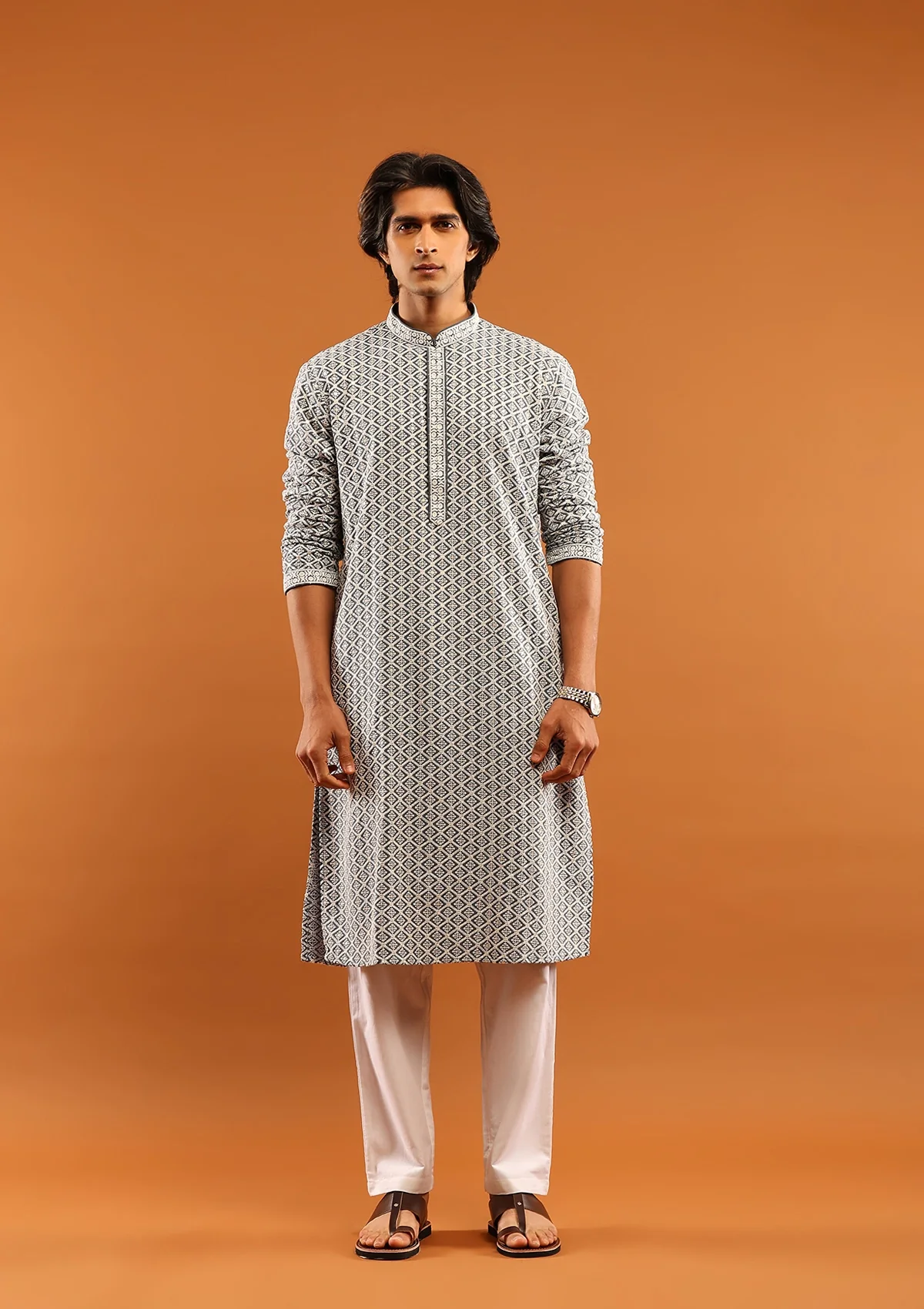 HOC Rayon Embroidered With Sequins Solid Men's Long Kurta- Grey - Image 4