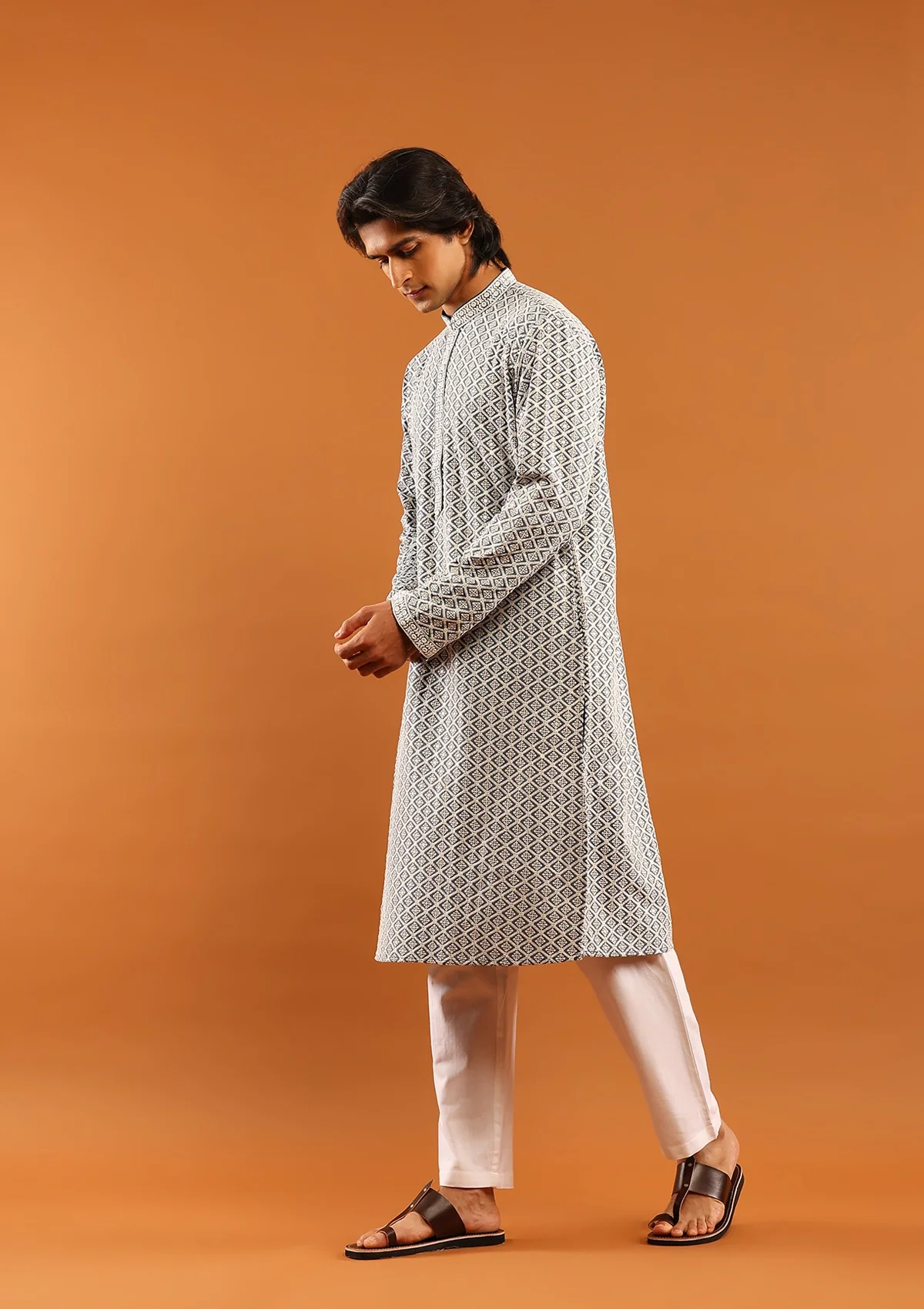 HOC Rayon Embroidered With Sequins Solid Men's Long Kurta- Grey - Image 5