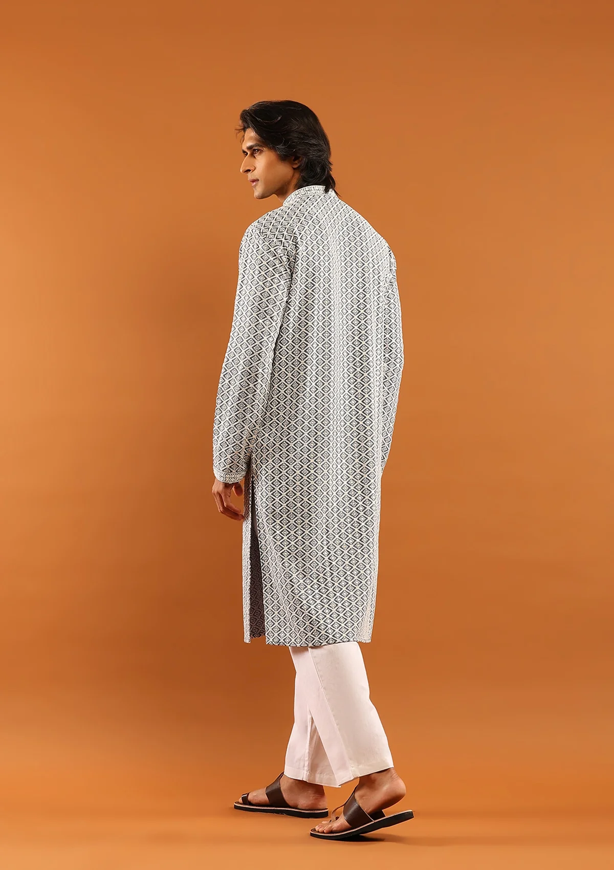 HOC Rayon Embroidered With Sequins Solid Men's Long Kurta- Grey - Image 6