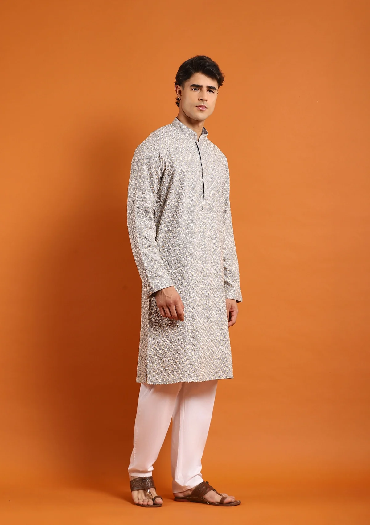 HOC Rayon Embroidered With Sequins Solid Men's Long Kurta- Light Grey - Image 3