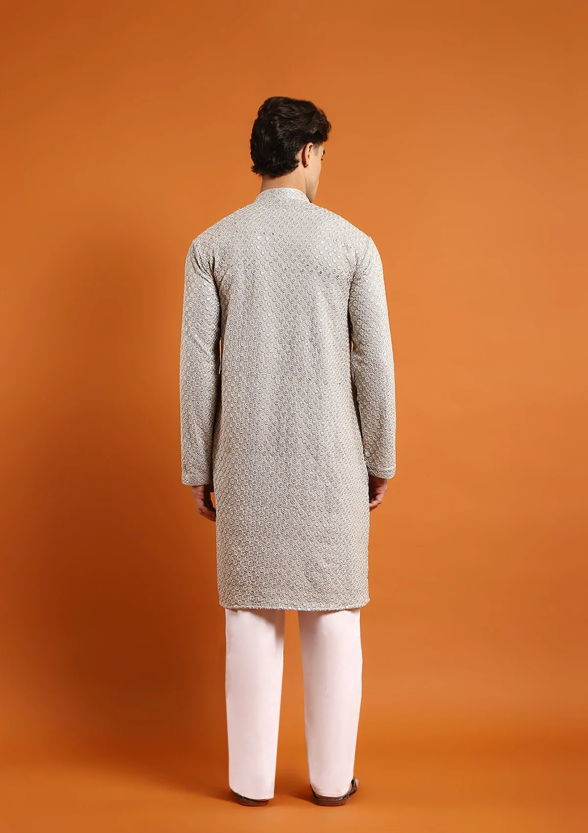 HOC Rayon Embroidered With Sequins Solid Men's Long Kurta- Light Grey - Image 6