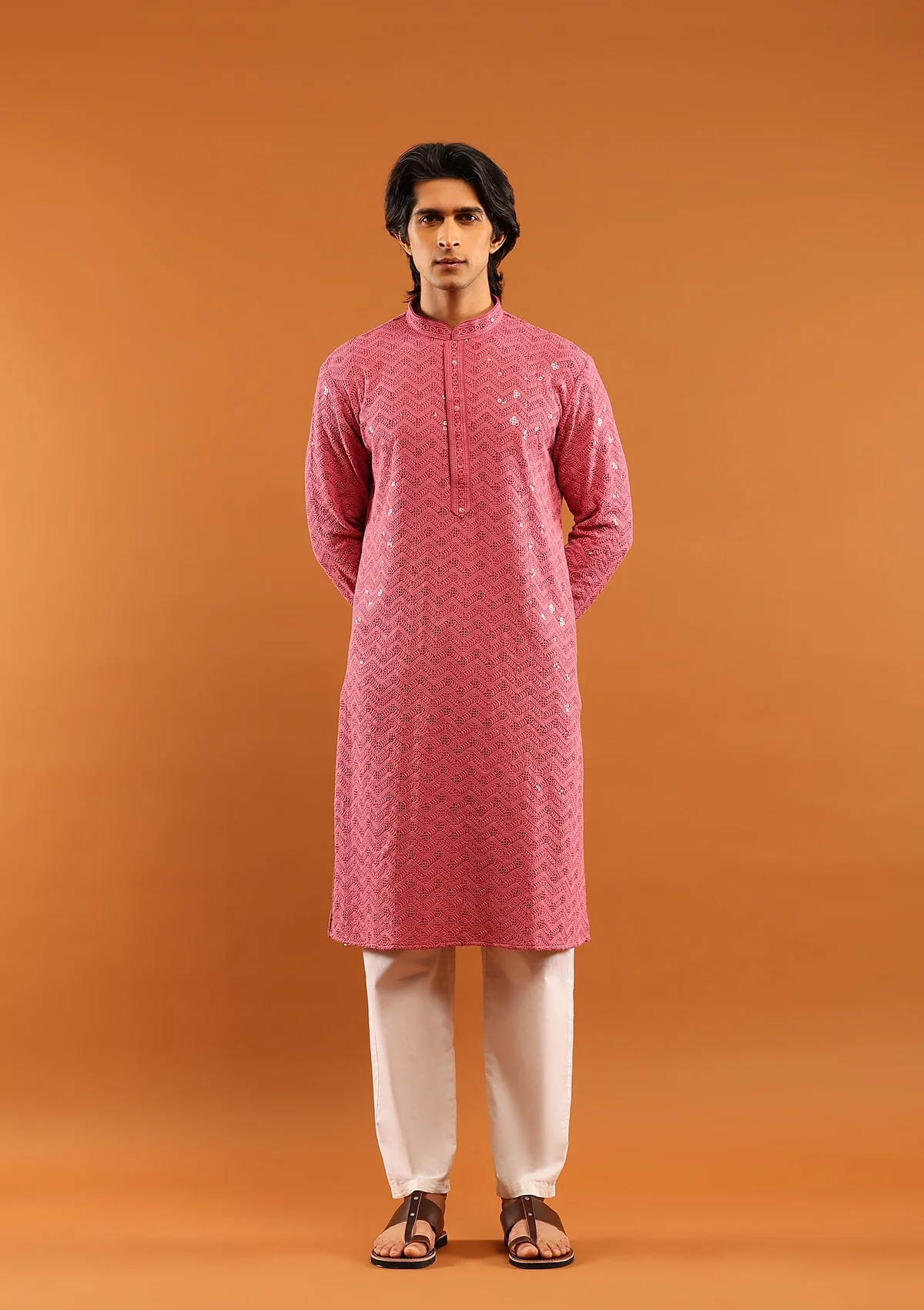 HOC Rayon Embroidered With Sequins Solid Men's Long Kurta- Pink