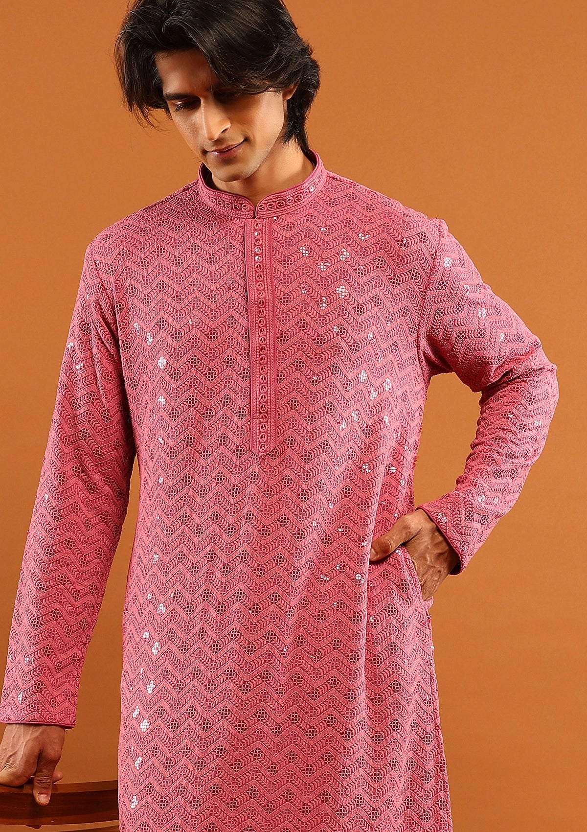 HOC Rayon Embroidered With Sequins Solid Men's Long Kurta- Pink - Image 2