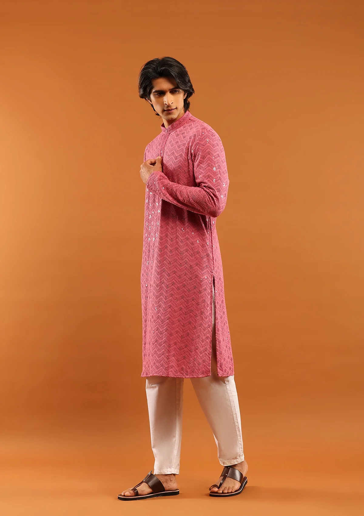 HOC Rayon Embroidered With Sequins Solid Men's Long Kurta- Pink - Image 3