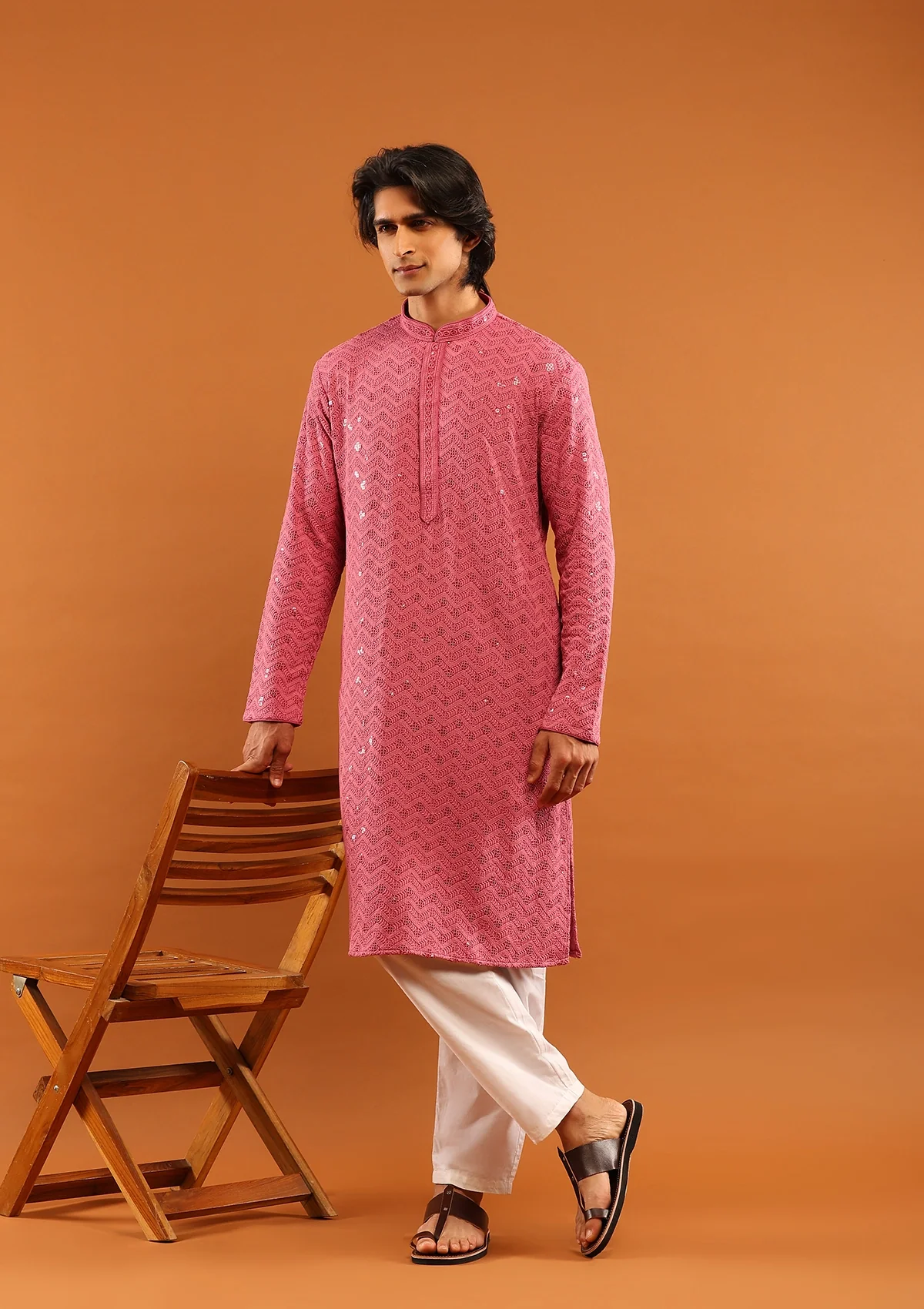 HOC Rayon Embroidered With Sequins Solid Men's Long Kurta- Pink - Image 4