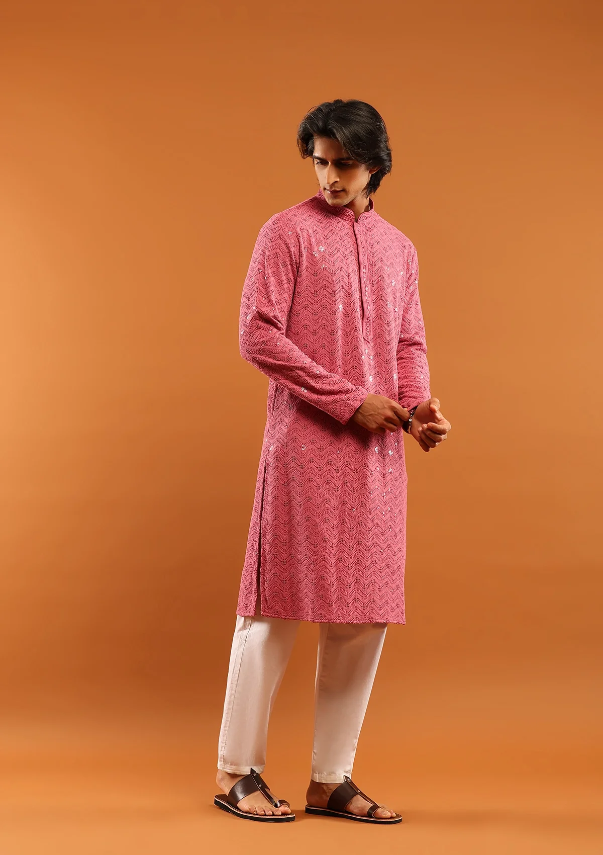 HOC Rayon Embroidered With Sequins Solid Men's Long Kurta- Pink - Image 5