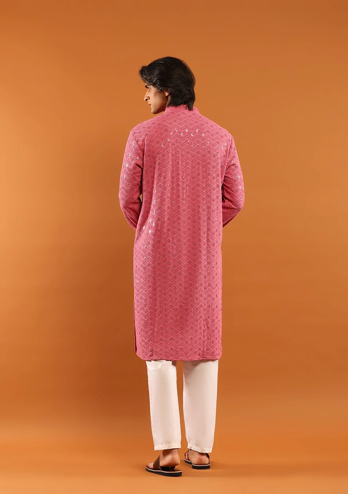 HOC Rayon Embroidered With Sequins Solid Men's Long Kurta- Pink - Image 6