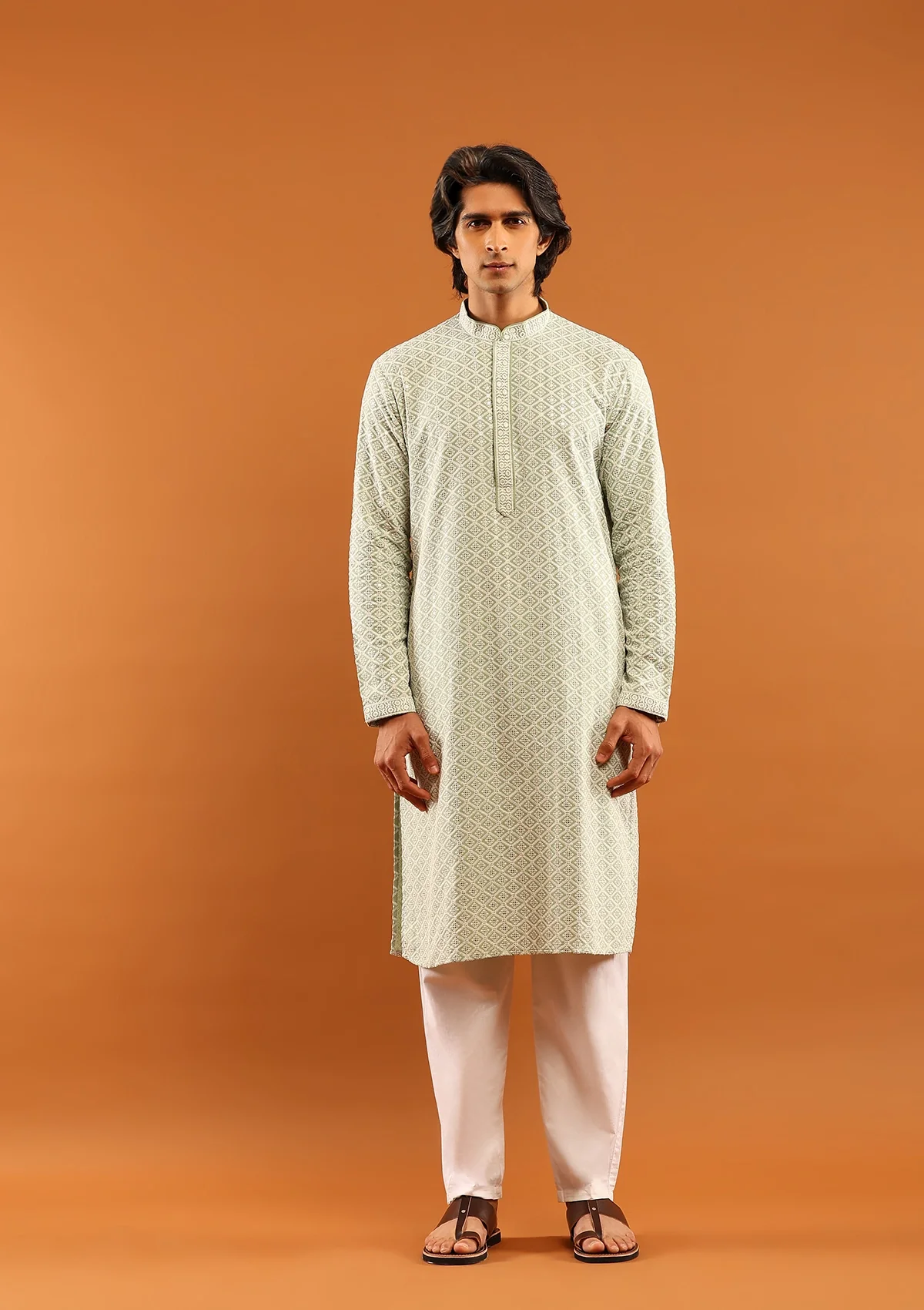 HOC Rayon Embroidered With Sequins Solid Men's Long Kurta- Pista Green