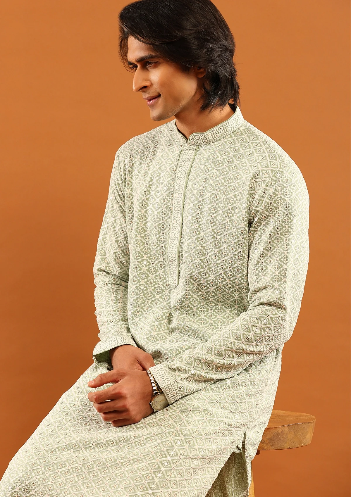 HOC Rayon Embroidered With Sequins Solid Men's Long Kurta- Pista Green - Image 2
