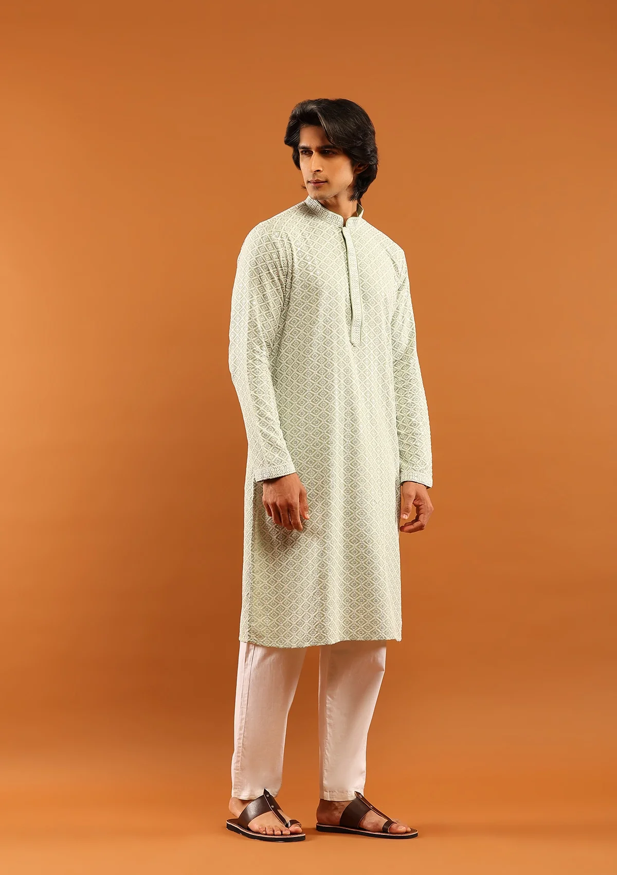 HOC Rayon Embroidered With Sequins Solid Men's Long Kurta- Pista Green - Image 3