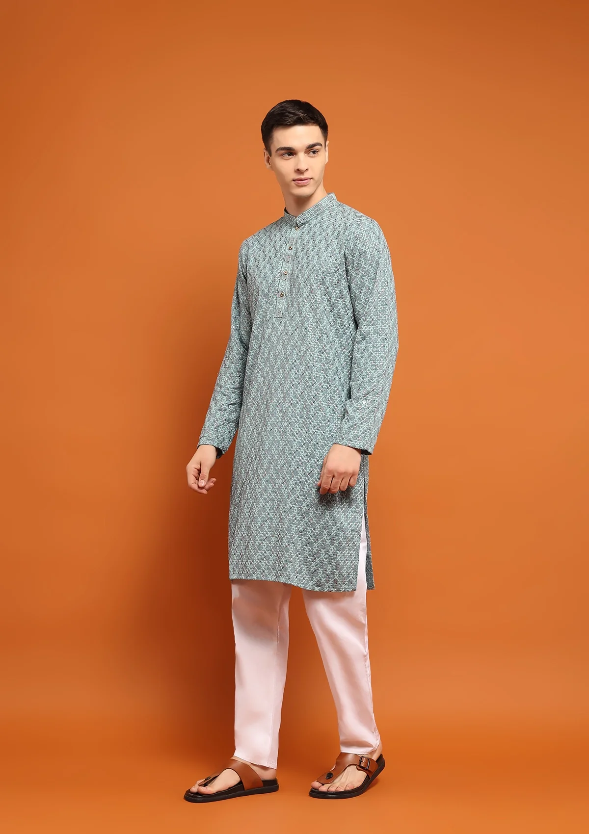 HOC Rayon Embroidered With Sequins Solid Men's Long Kurta- Seafoam Green - Image 3