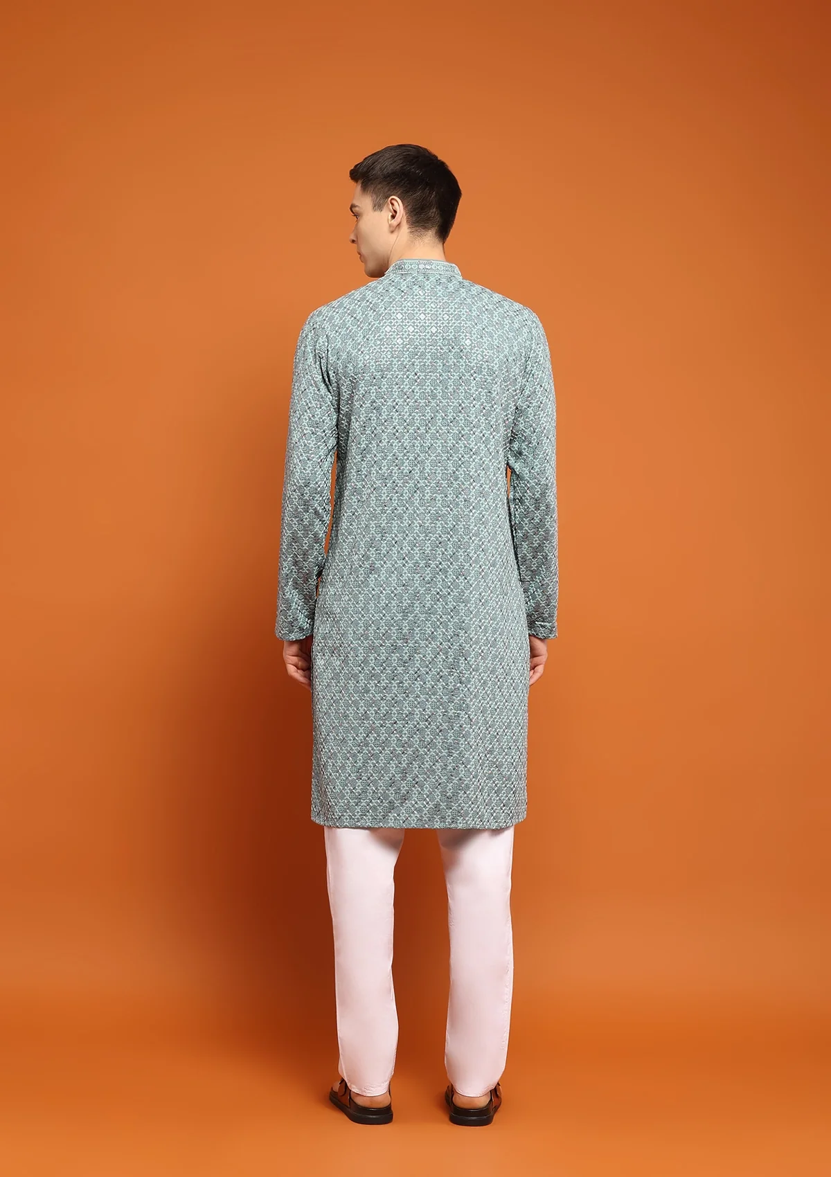 HOC Rayon Embroidered With Sequins Solid Men's Long Kurta- Seafoam Green - Image 7