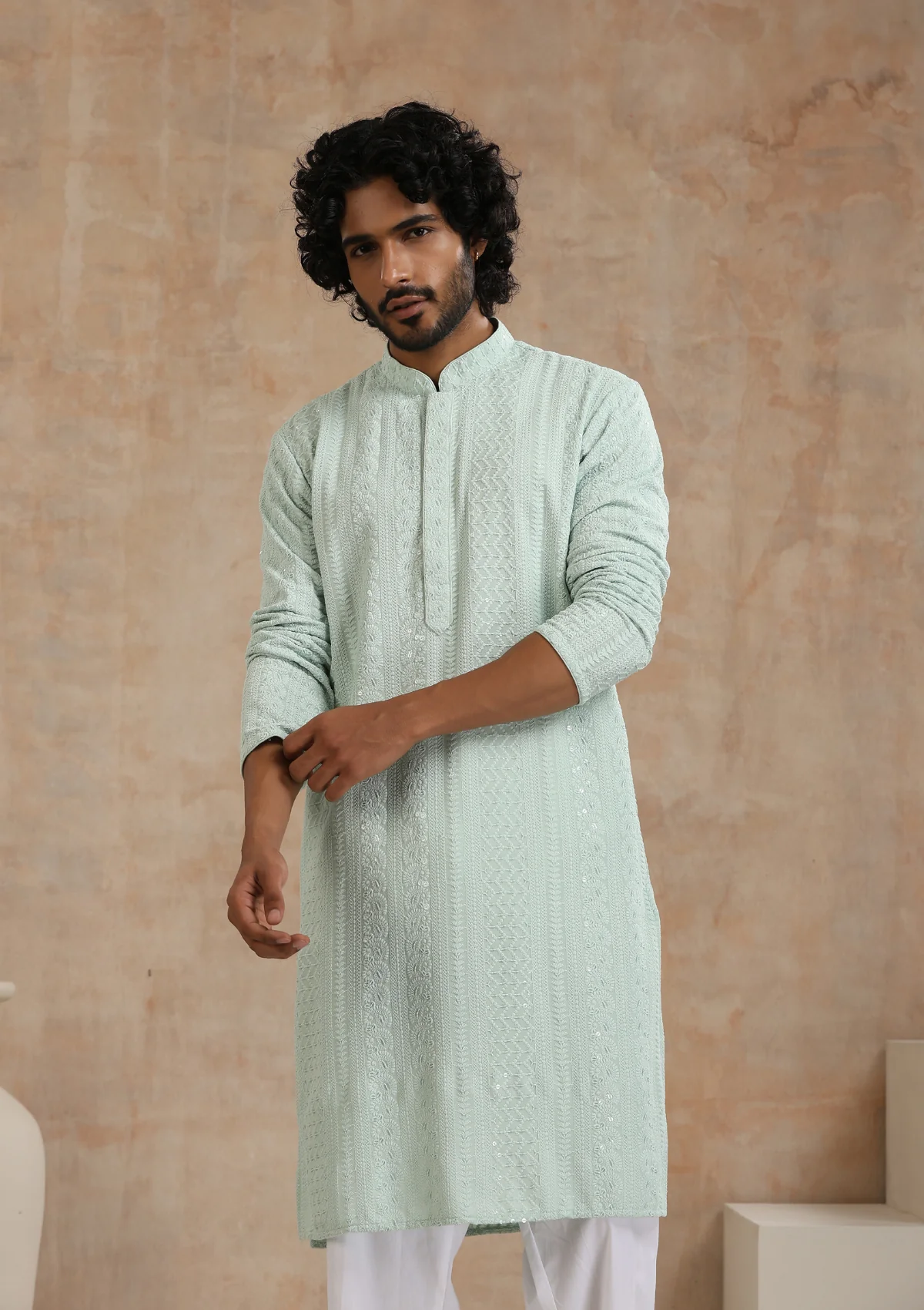 HOC Rayon Schiffli Solid Men's Long Kurta- Green - Image 5