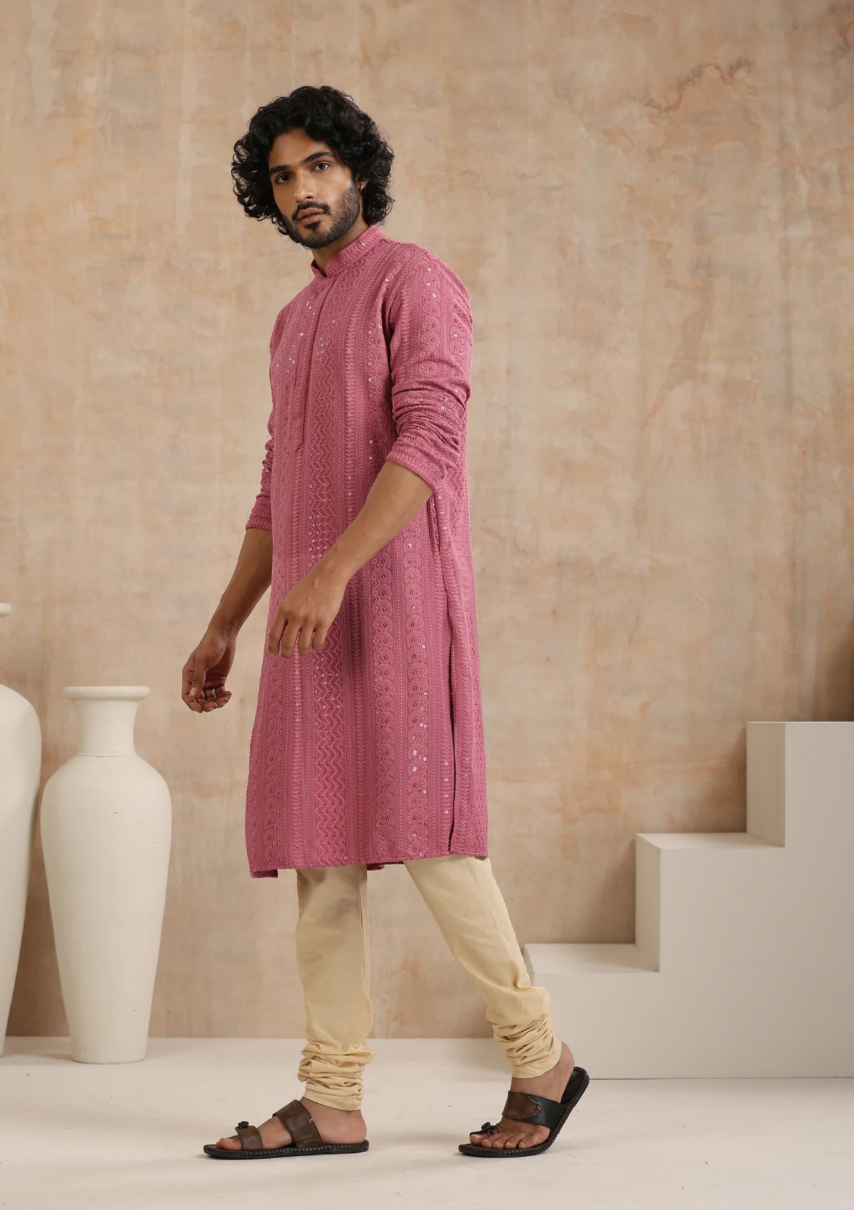 HOC Rayon Schiffli Solid Men's Long Kurta- Muave - Image 3