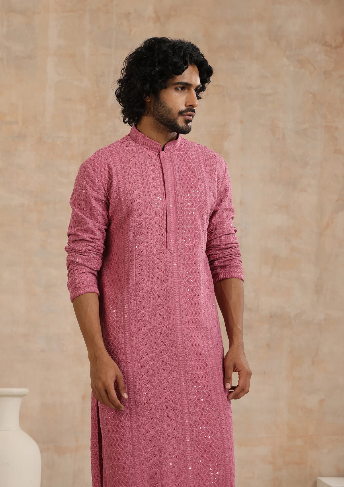 HOC Rayon Schiffli Solid Men's Long Kurta- Muave - Image 5
