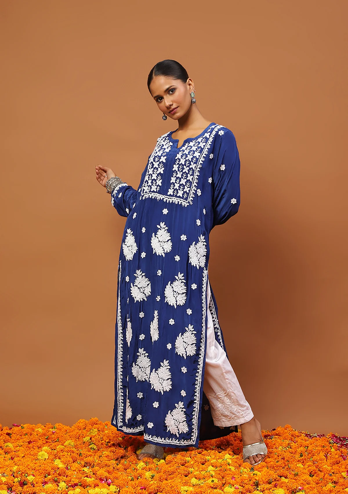 HOC Satin Crepe Chikankari Solid Women's Long Kurta - Dark Blue - Image 3