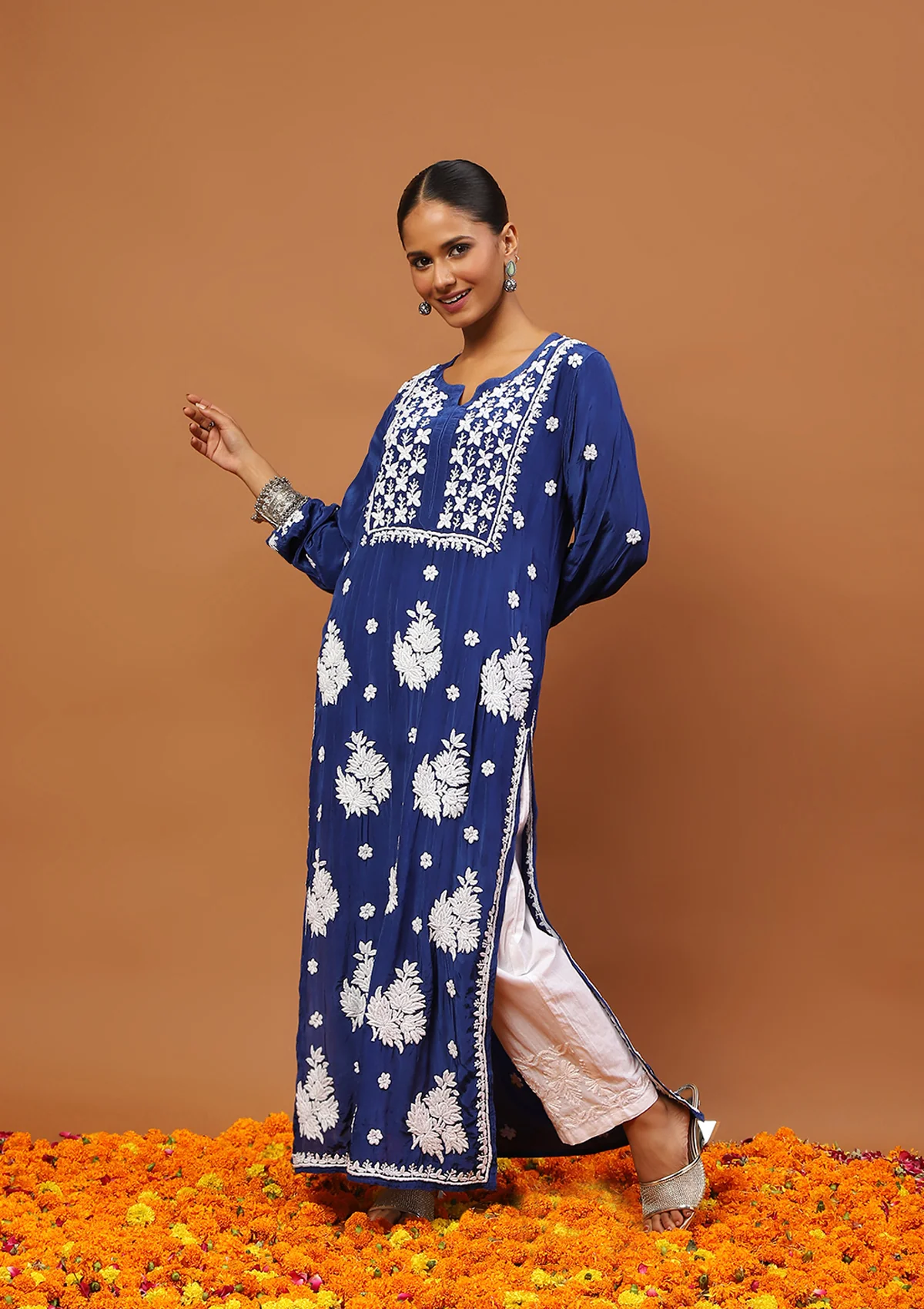 HOC Satin Crepe Chikankari Solid Women's Long Kurta - Dark Blue - Image 4