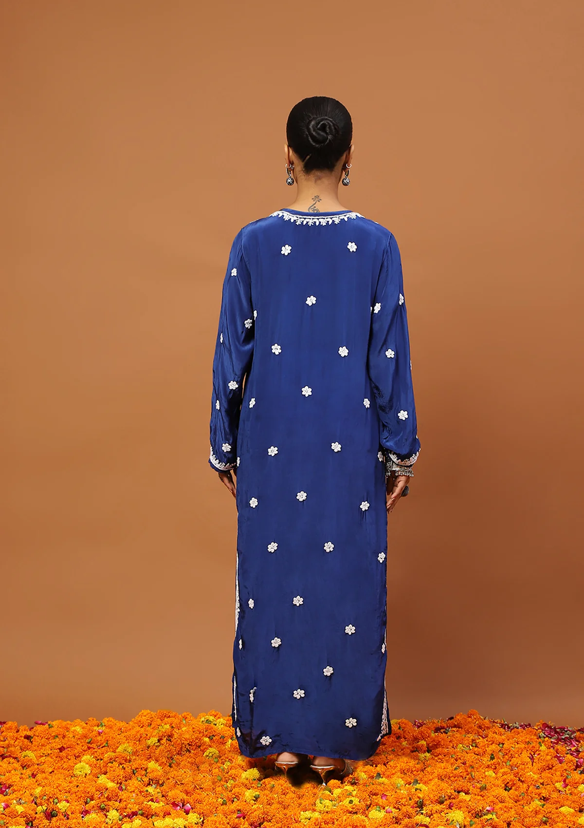 HOC Satin Crepe Chikankari Solid Women's Long Kurta - Dark Blue - Image 5