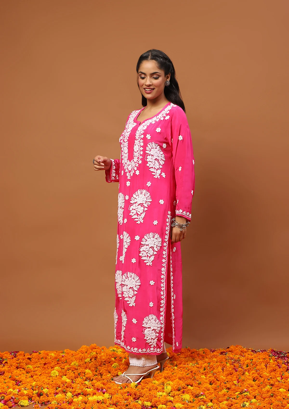 HOC Satin Crepe Chikankari Solid Women's Long Kurta - Dark Pink - Image 3