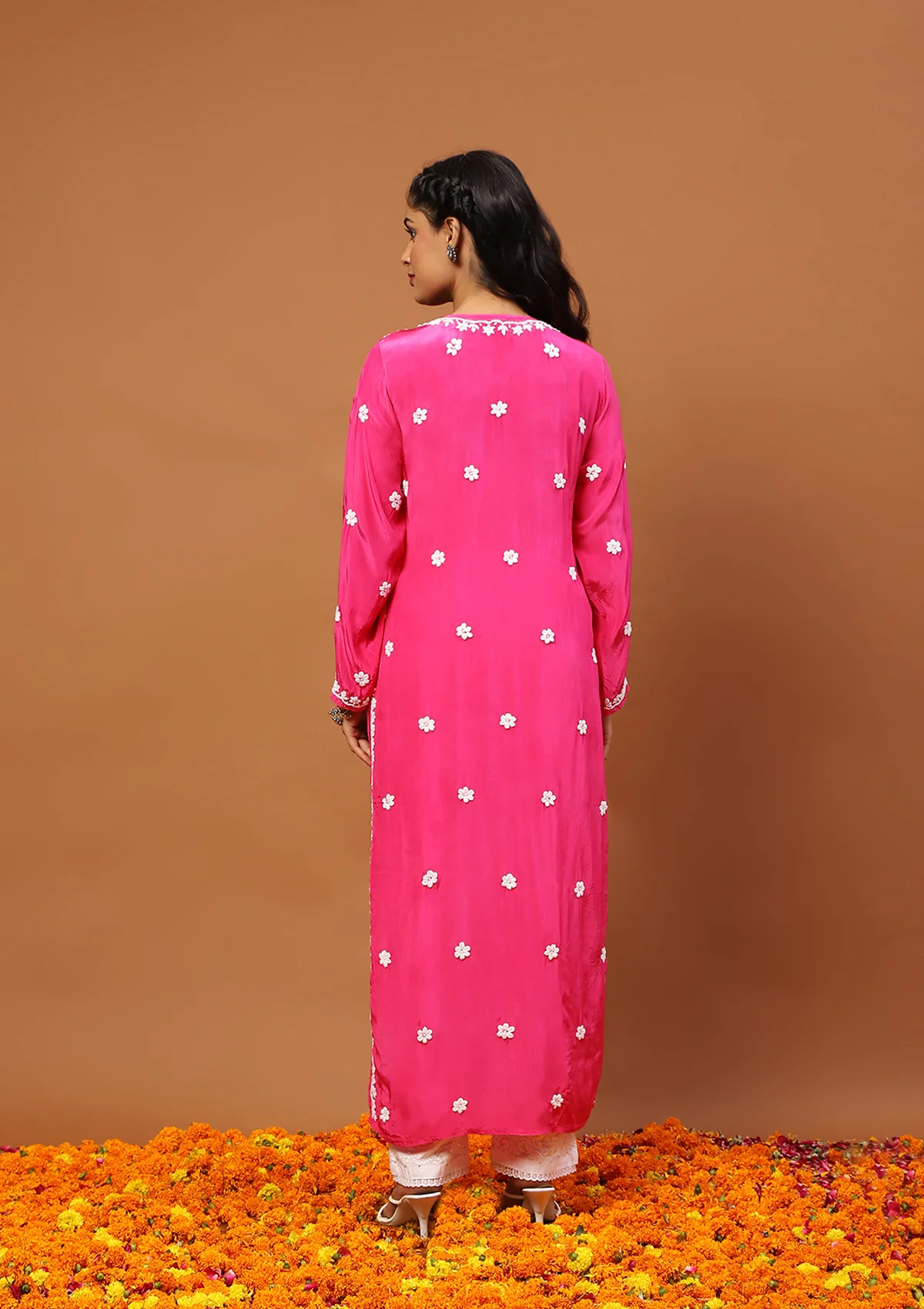 HOC Satin Crepe Chikankari Solid Women's Long Kurta - Dark Pink - Image 5