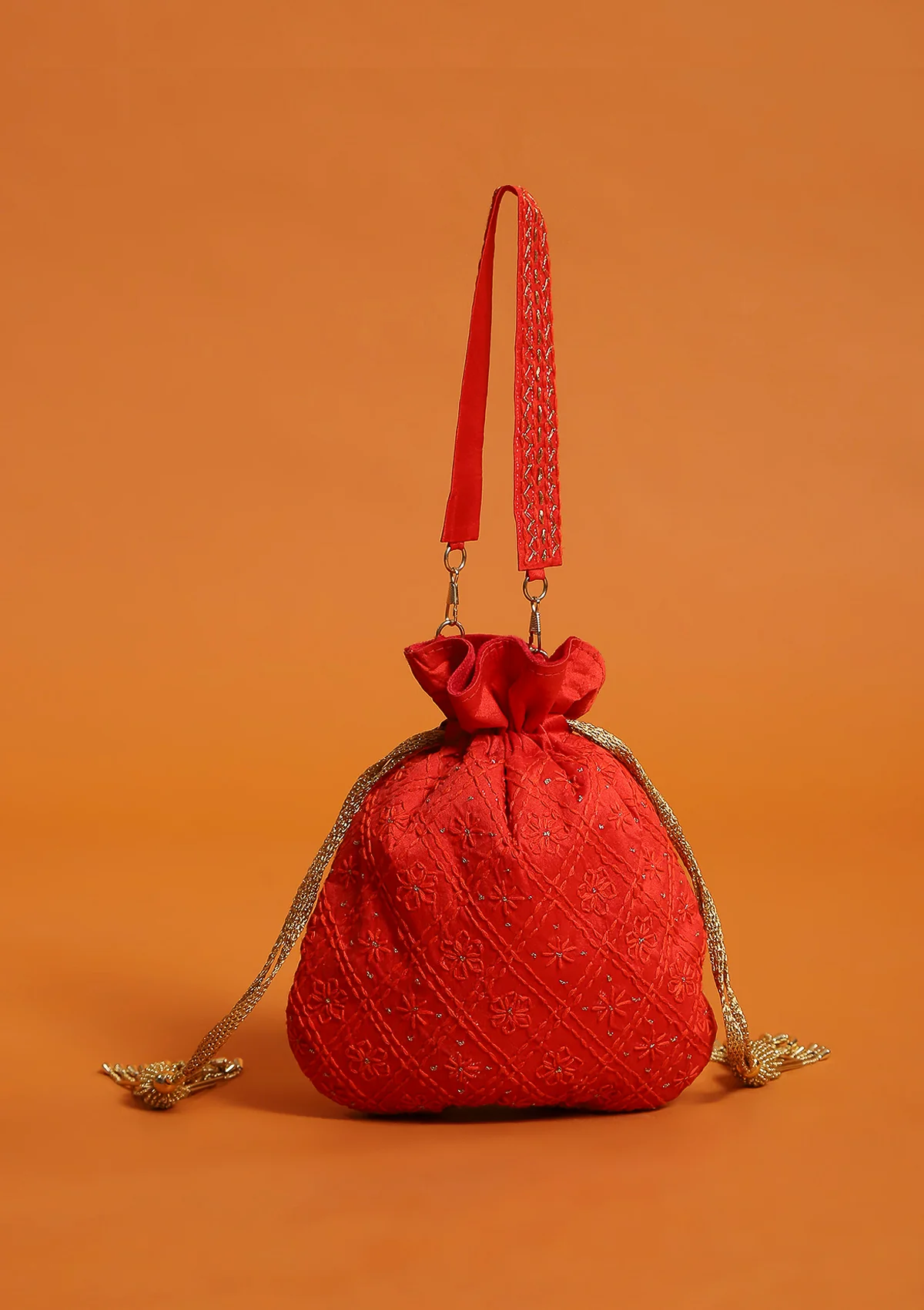 HOC Silk Chikankari Potli With Zari Work-Red - Image 4
