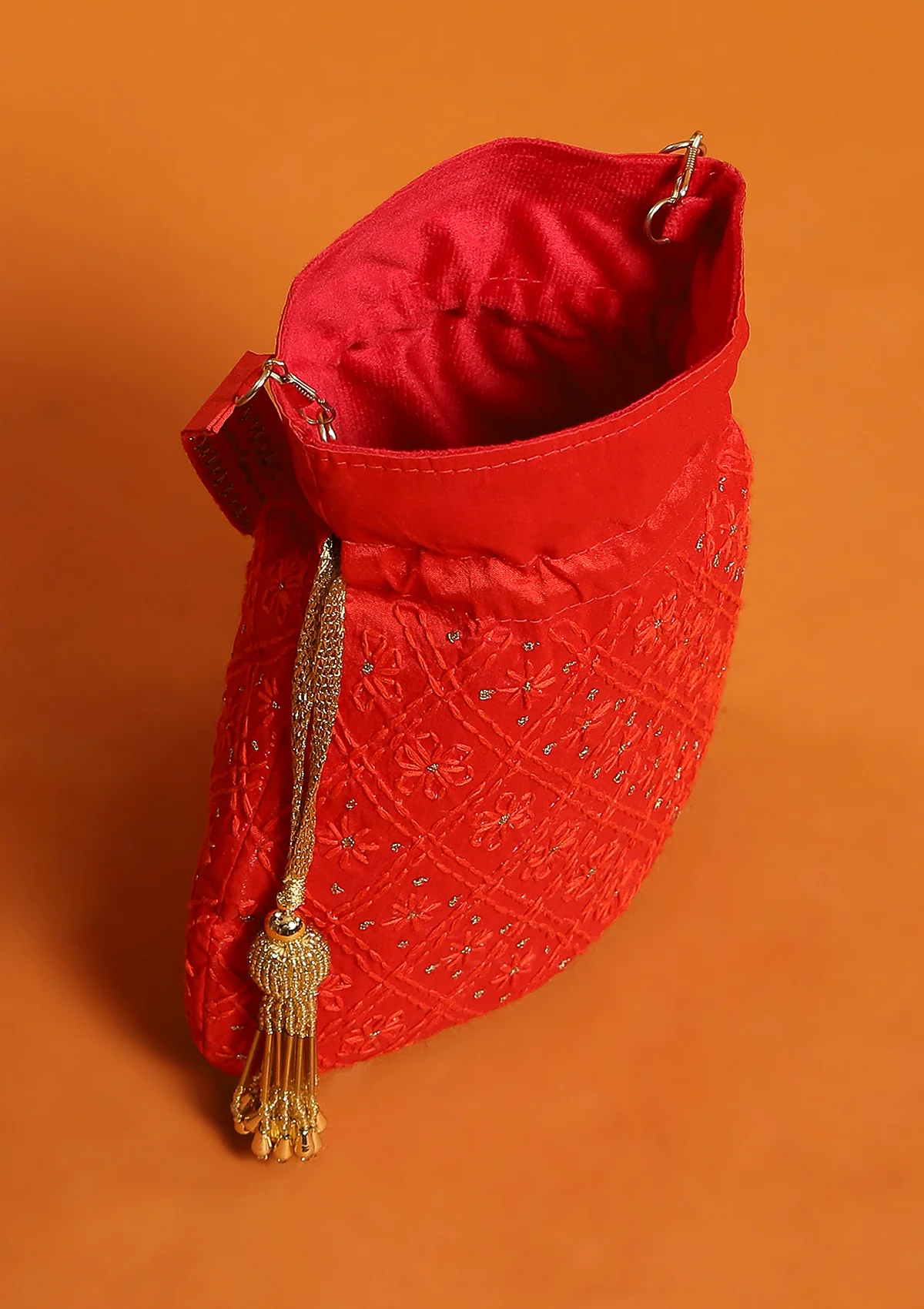 HOC Silk Chikankari Potli With Zari Work-Red - Image 5