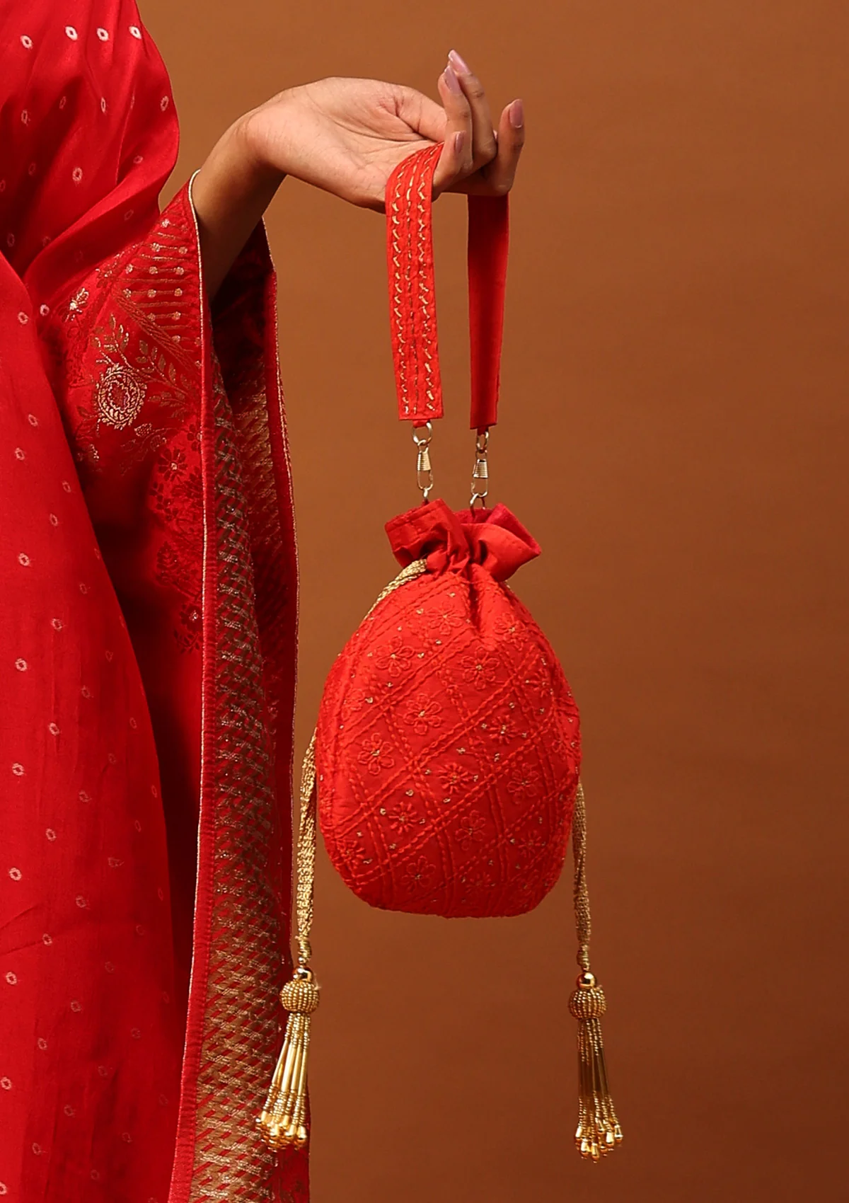 HOC Silk Chikankari Potli With Zari Work-Red - Image 6