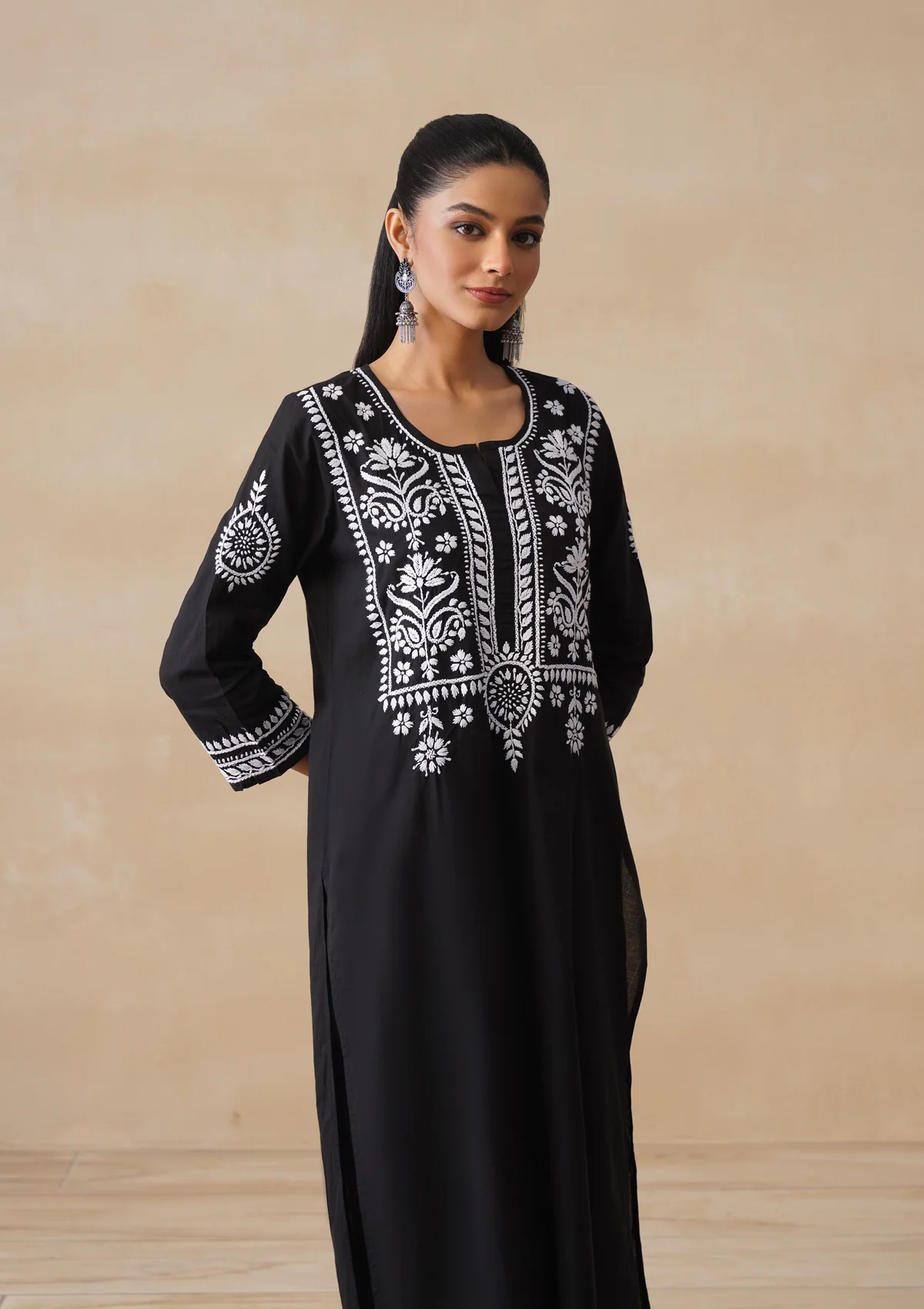 HOC Soha Chikankari Cotton Straight Kurta Set - Black - Image 8