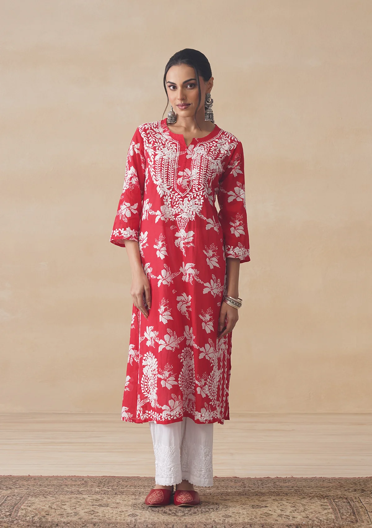 HOC Tamara Mulmul Chikankari Printed Women's Straight Kurta - Red