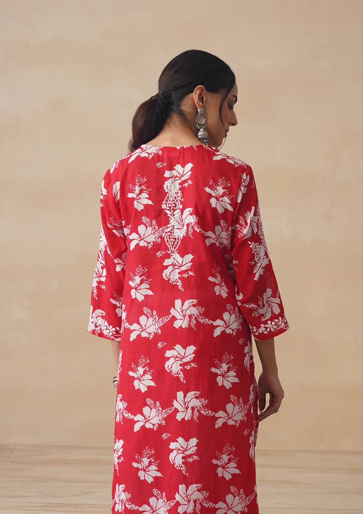 HOC Tamara Mulmul Chikankari Printed Women's Straight Kurta - Red - Image 10