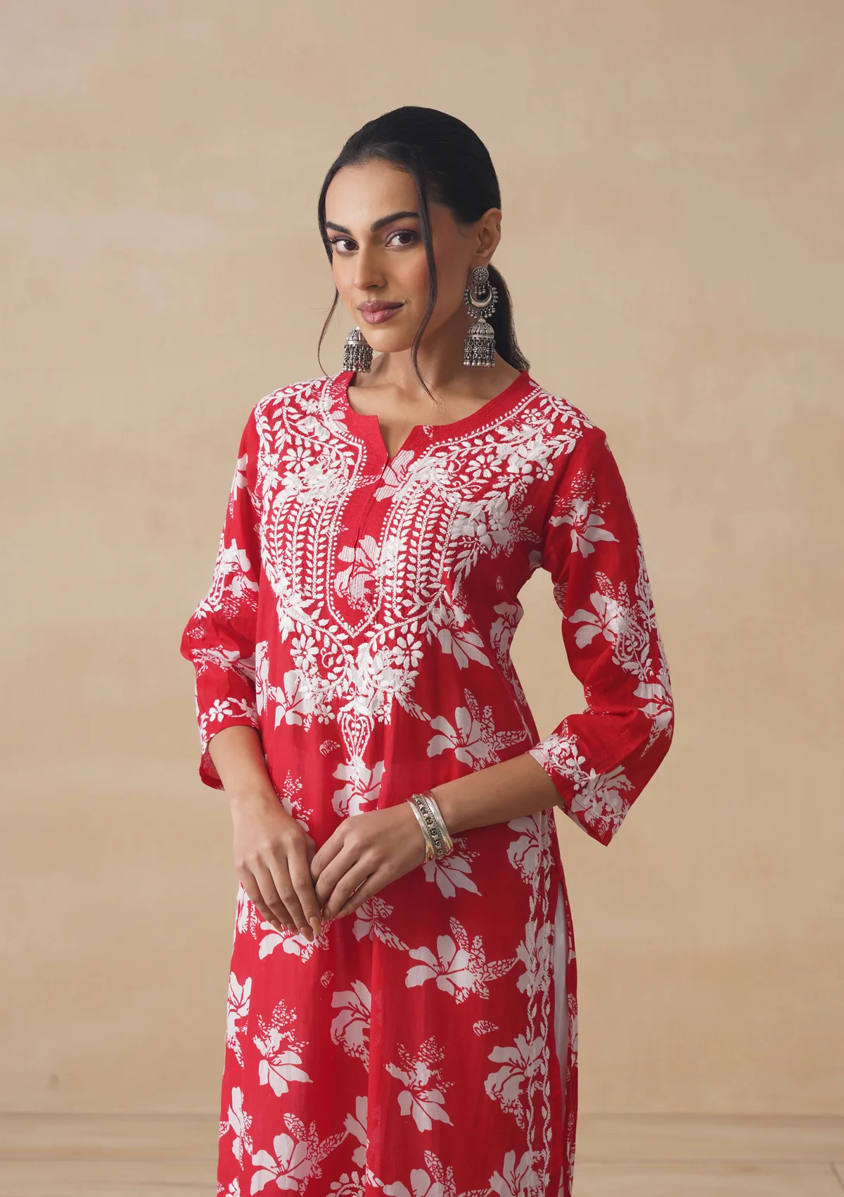 HOC Tamara Mulmul Chikankari Printed Women's Straight Kurta - Red - Image 2