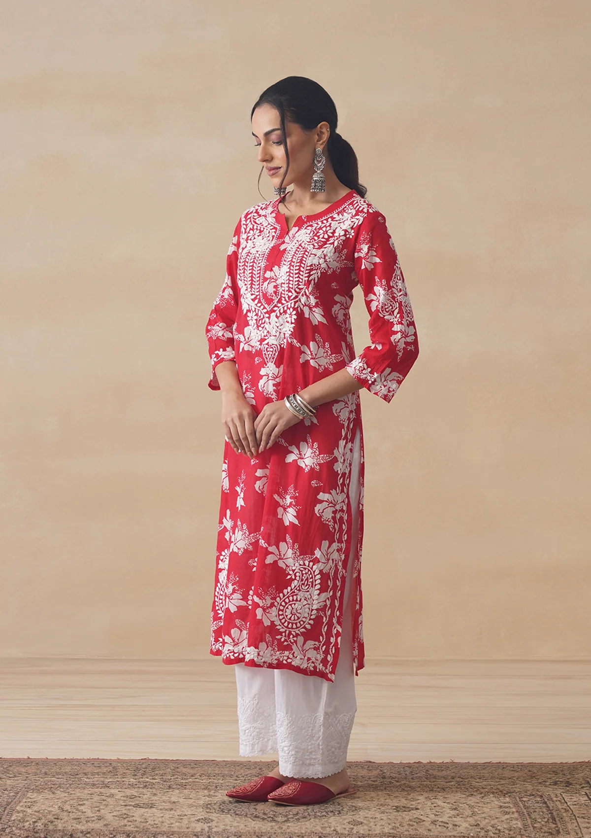 HOC Tamara Mulmul Chikankari Printed Women's Straight Kurta - Red - Image 3