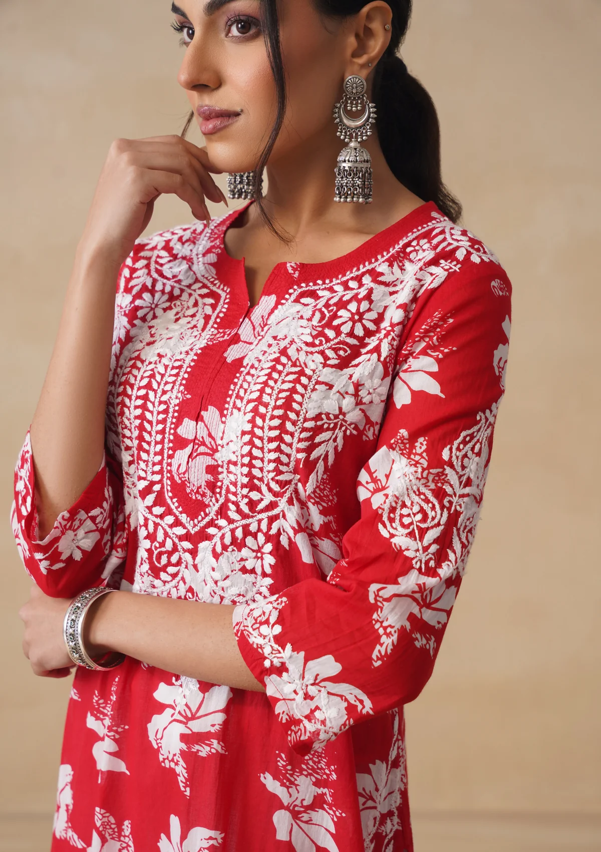 HOC Tamara Mulmul Chikankari Printed Women's Straight Kurta - Red - Image 5