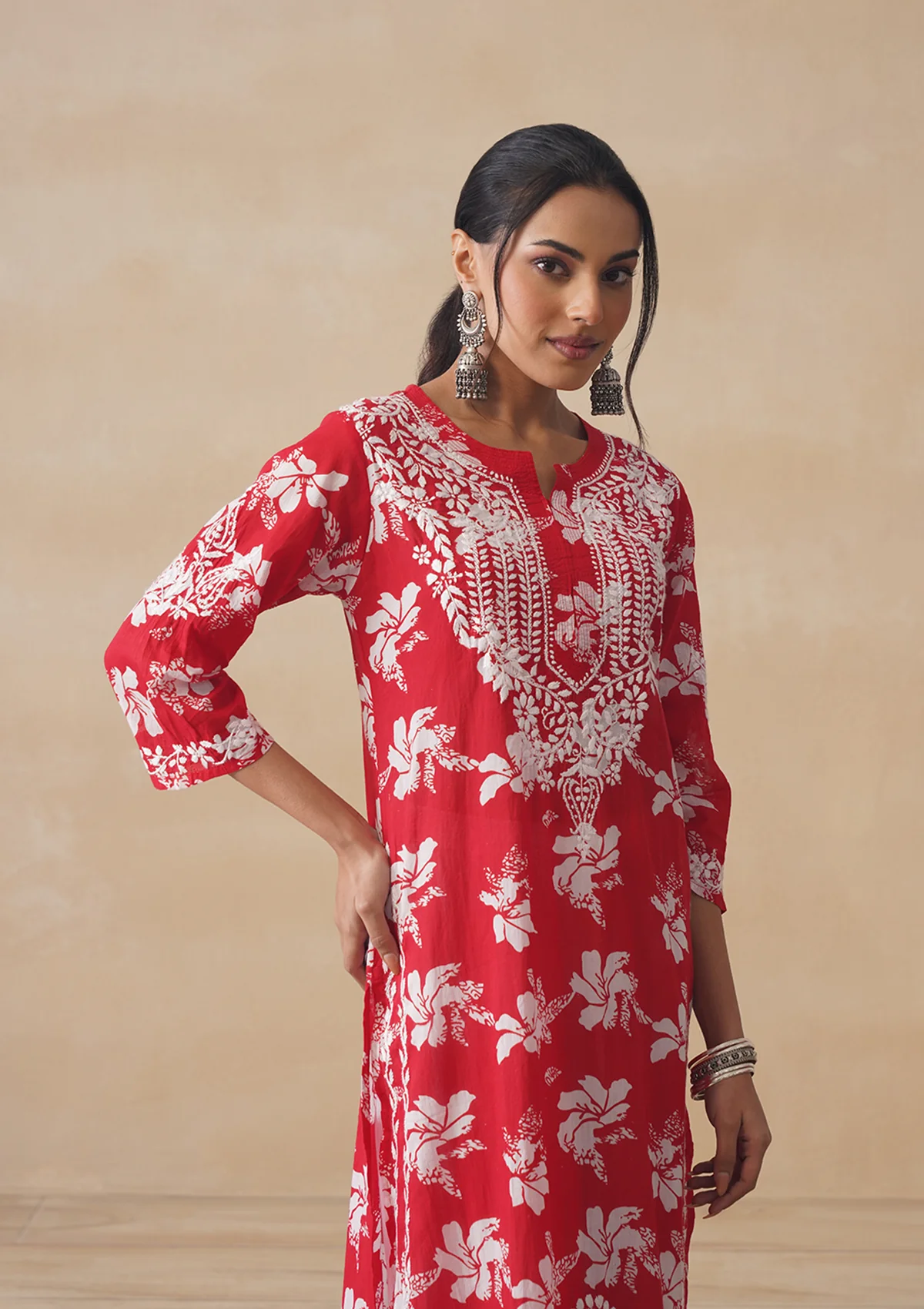 HOC Tamara Mulmul Chikankari Printed Women's Straight Kurta - Red - Image 7