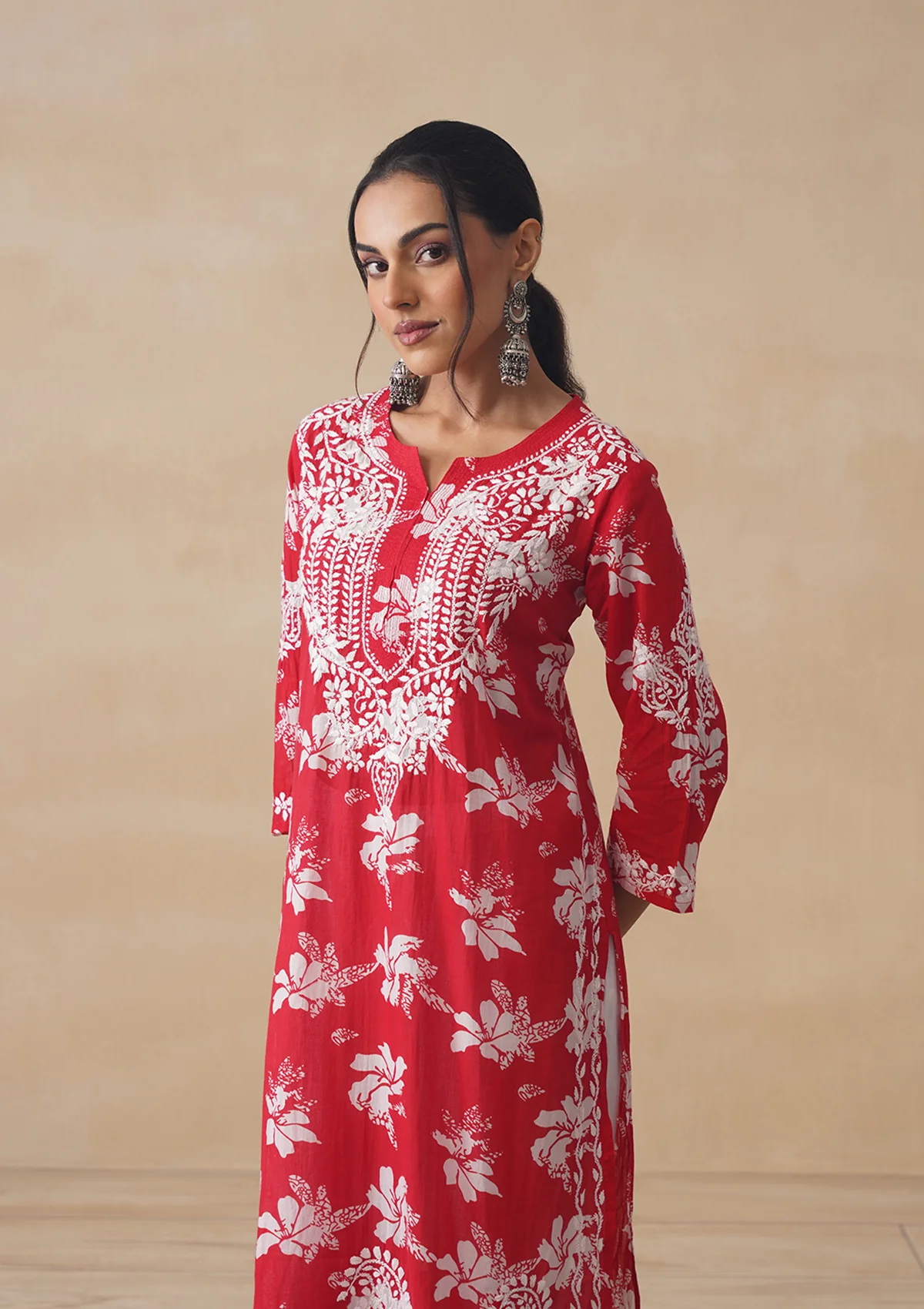 HOC Tamara Mulmul Chikankari Printed Women's Straight Kurta - Red - Image 8