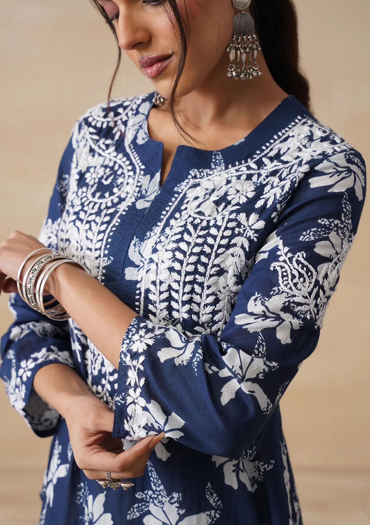 HOC Tamara Mulmul Chikankari Printed Women's Straight Kurta - Navy Blue - Image 5
