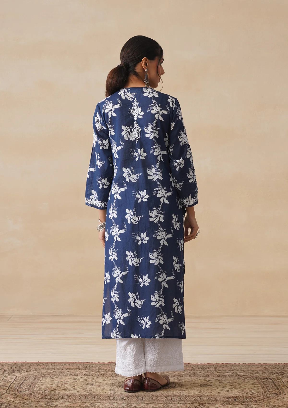 HOC Tamara Mulmul Chikankari Printed Women's Straight Kurta - Navy Blue - Image 9