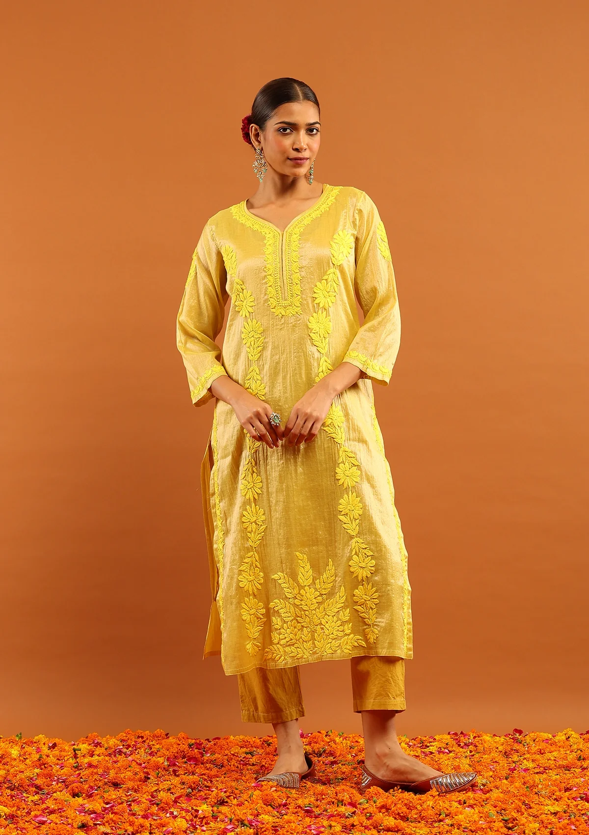HOC Tissue Silk Chikankari Solid Women's Long Kurta With Inner-Yellow