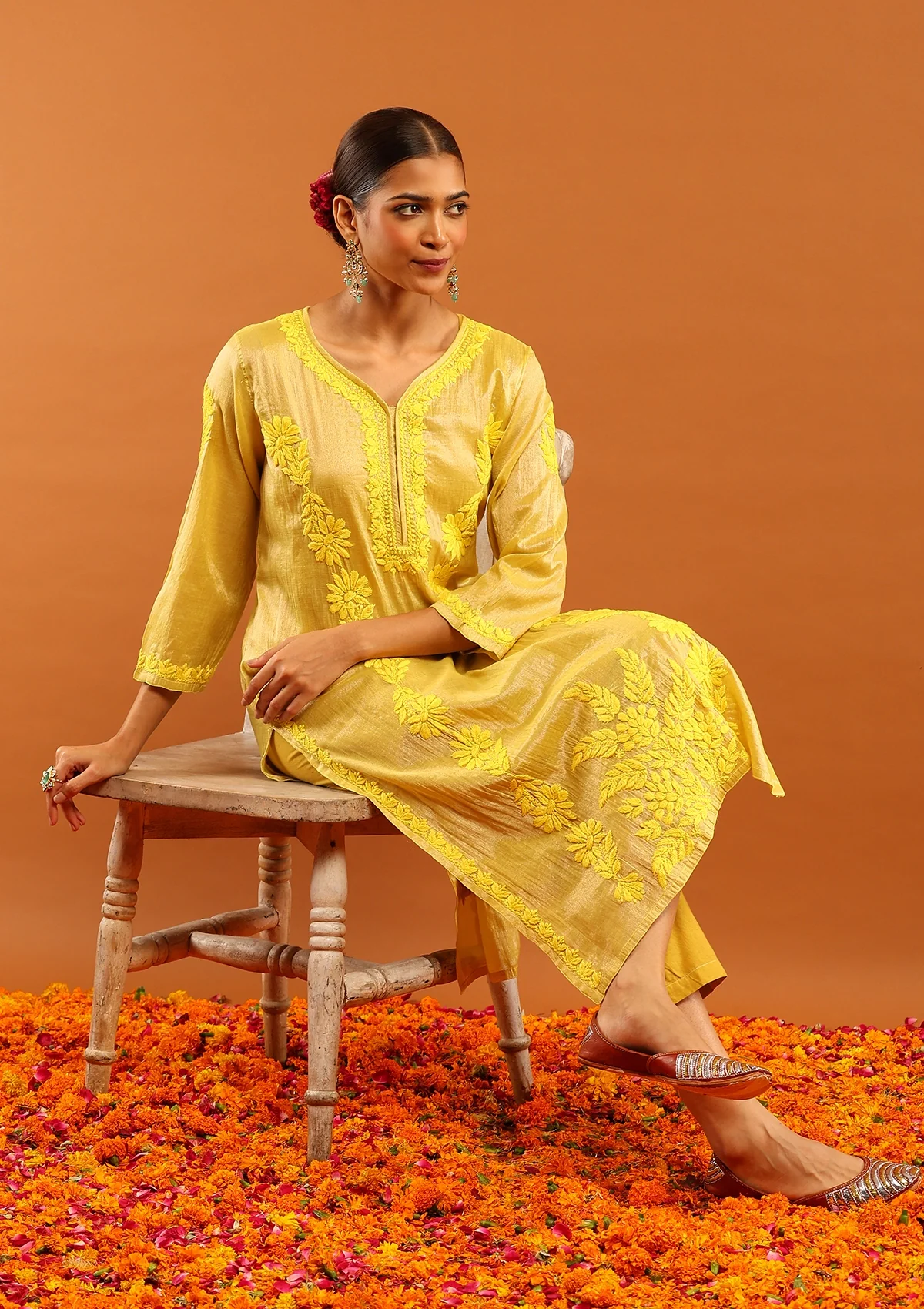 HOC Tissue Silk Chikankari Solid Women's Long Kurta With Inner-Yellow - Image 2