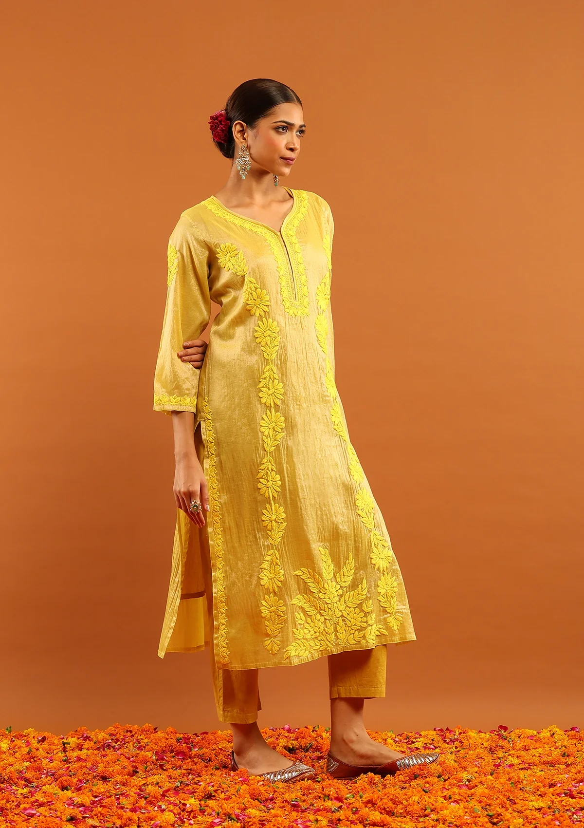 HOC Tissue Silk Chikankari Solid Women's Long Kurta With Inner-Yellow - Image 3