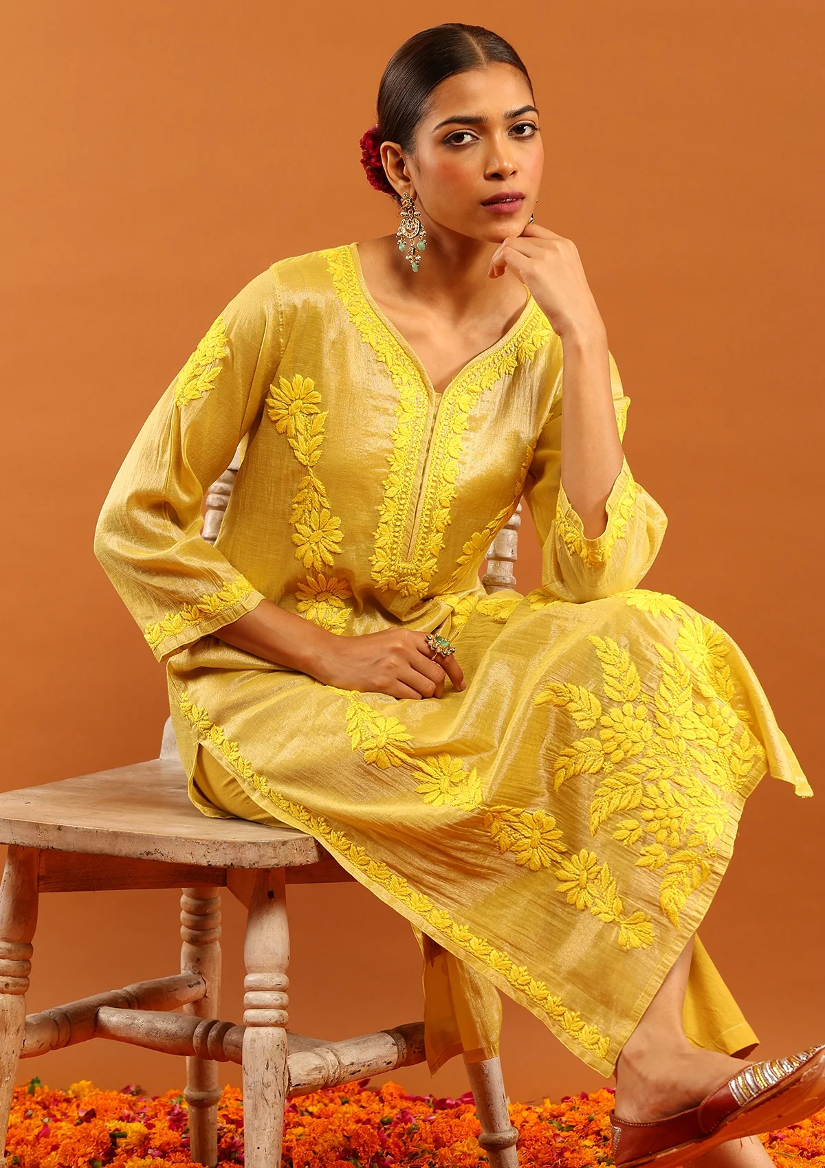 HOC Tissue Silk Chikankari Solid Women's Long Kurta With Inner-Yellow - Image 5