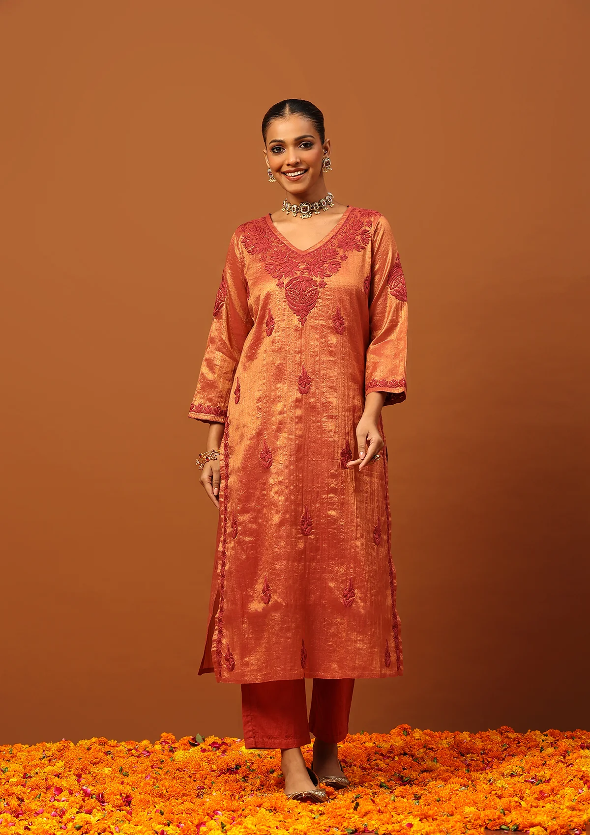 HOC Tissue Silk Chikankari Solid Women's Long Kurta With Inner-Copper