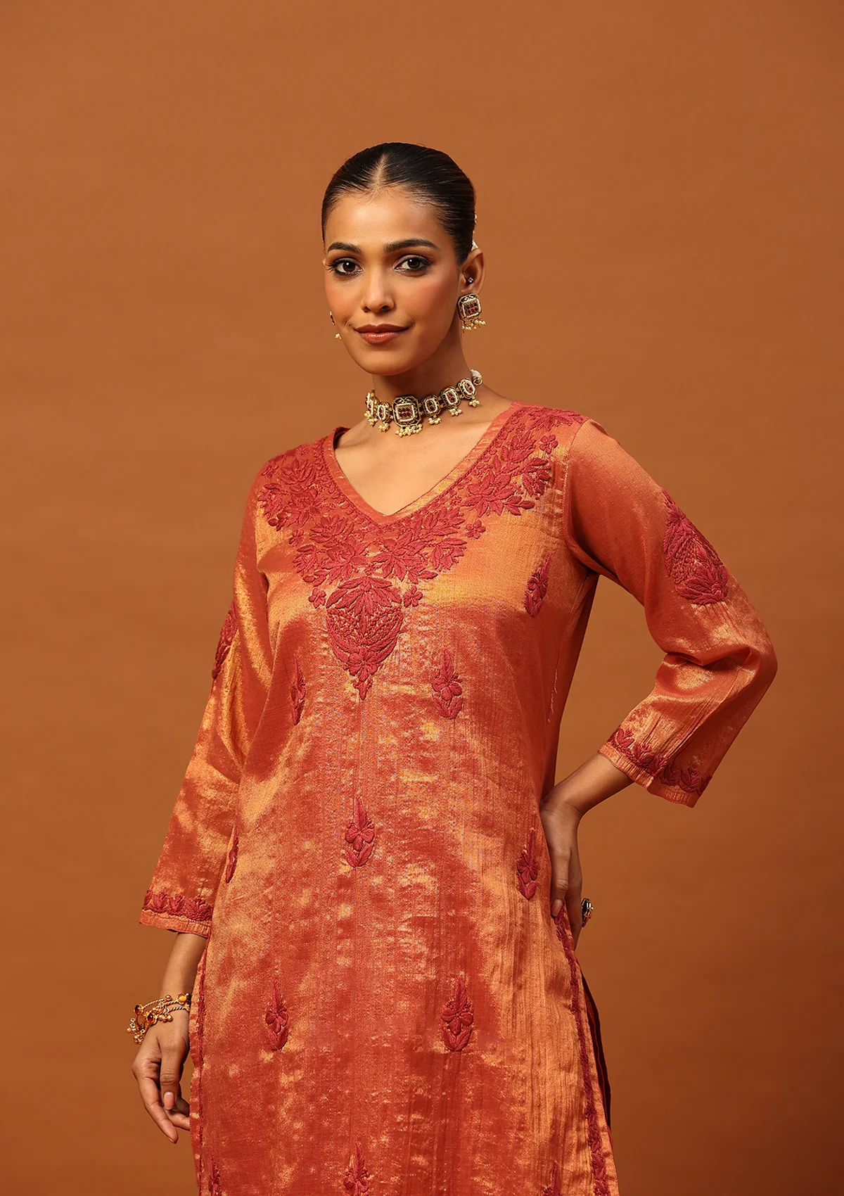 HOC Tissue Silk Chikankari Solid Women's Long Kurta With Inner-Copper - Image 2