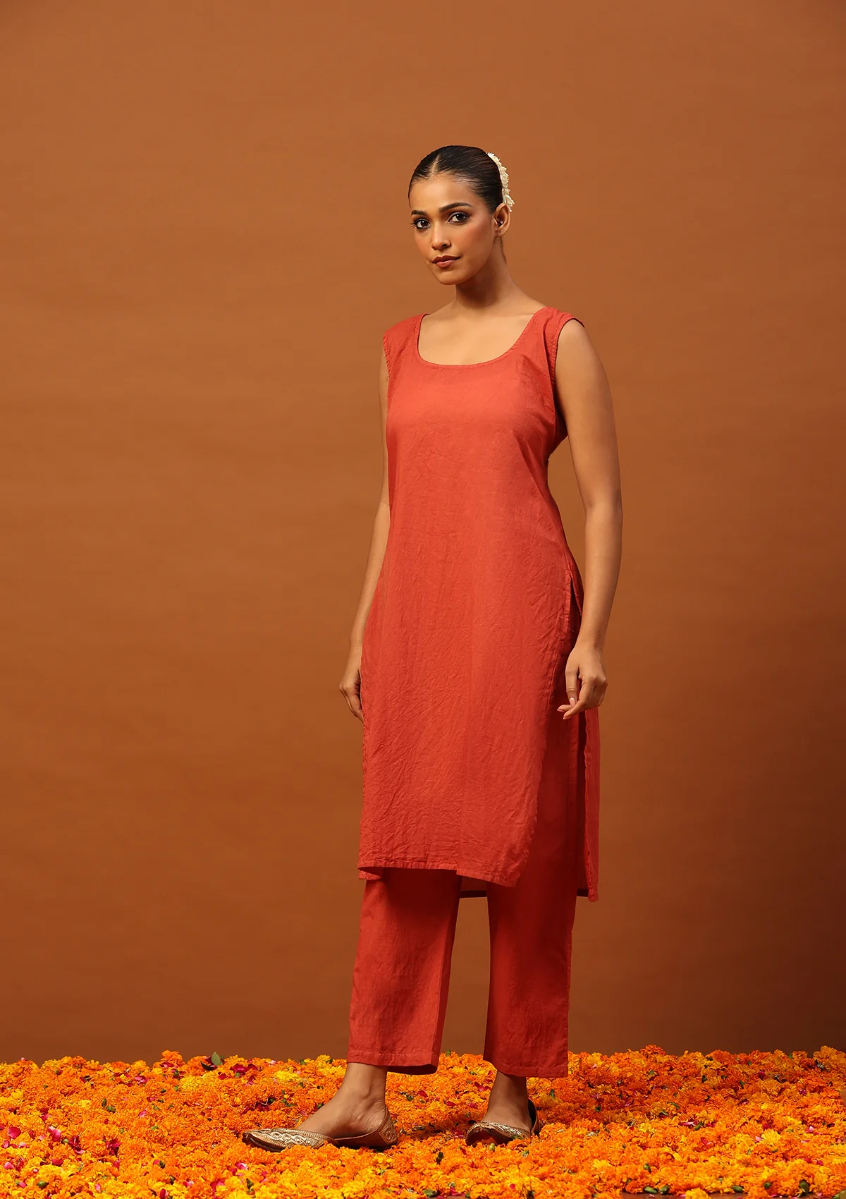 HOC Tissue Silk Chikankari Solid Women's Long Kurta With Inner-Copper - Image 4
