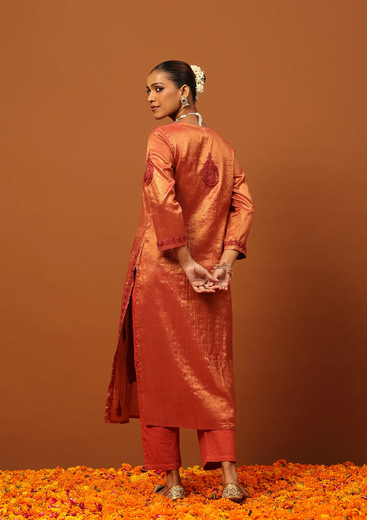 HOC Tissue Silk Chikankari Solid Women's Long Kurta With Inner-Copper - Image 5