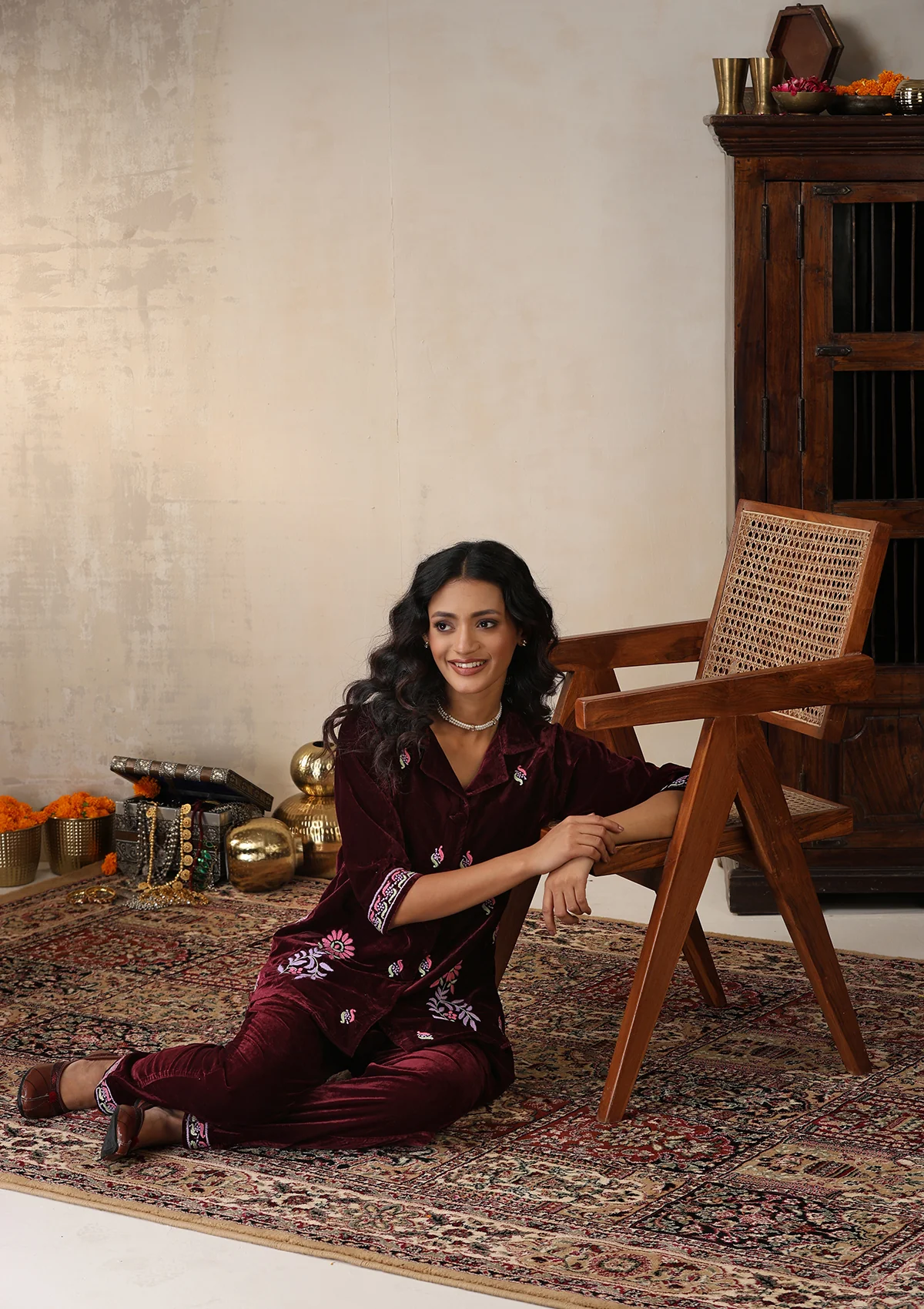 HOC Velvet Chikankari Solid Women's 2 PC Co-ord Set - Maroon - Image 6